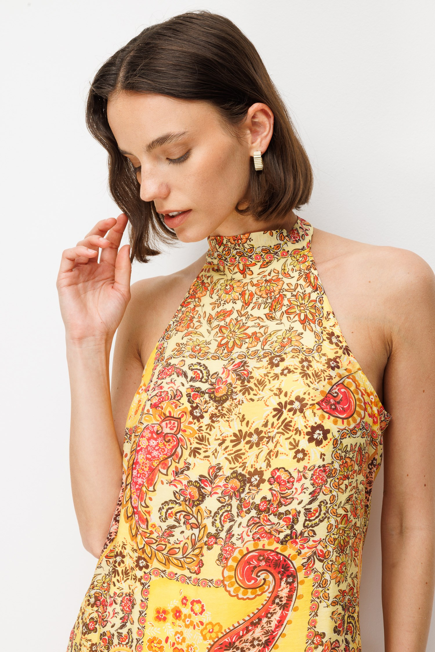 4932 Kadın Çiçek Desenli Halter Elbise Sarı