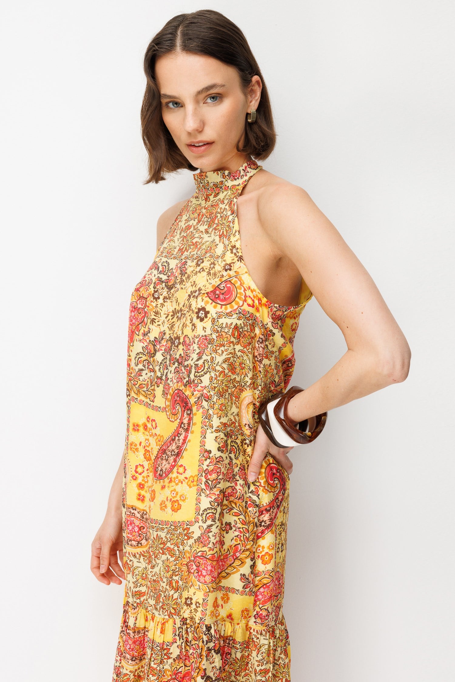 4932 Kadın Çiçek Desenli Halter Elbise Sarı