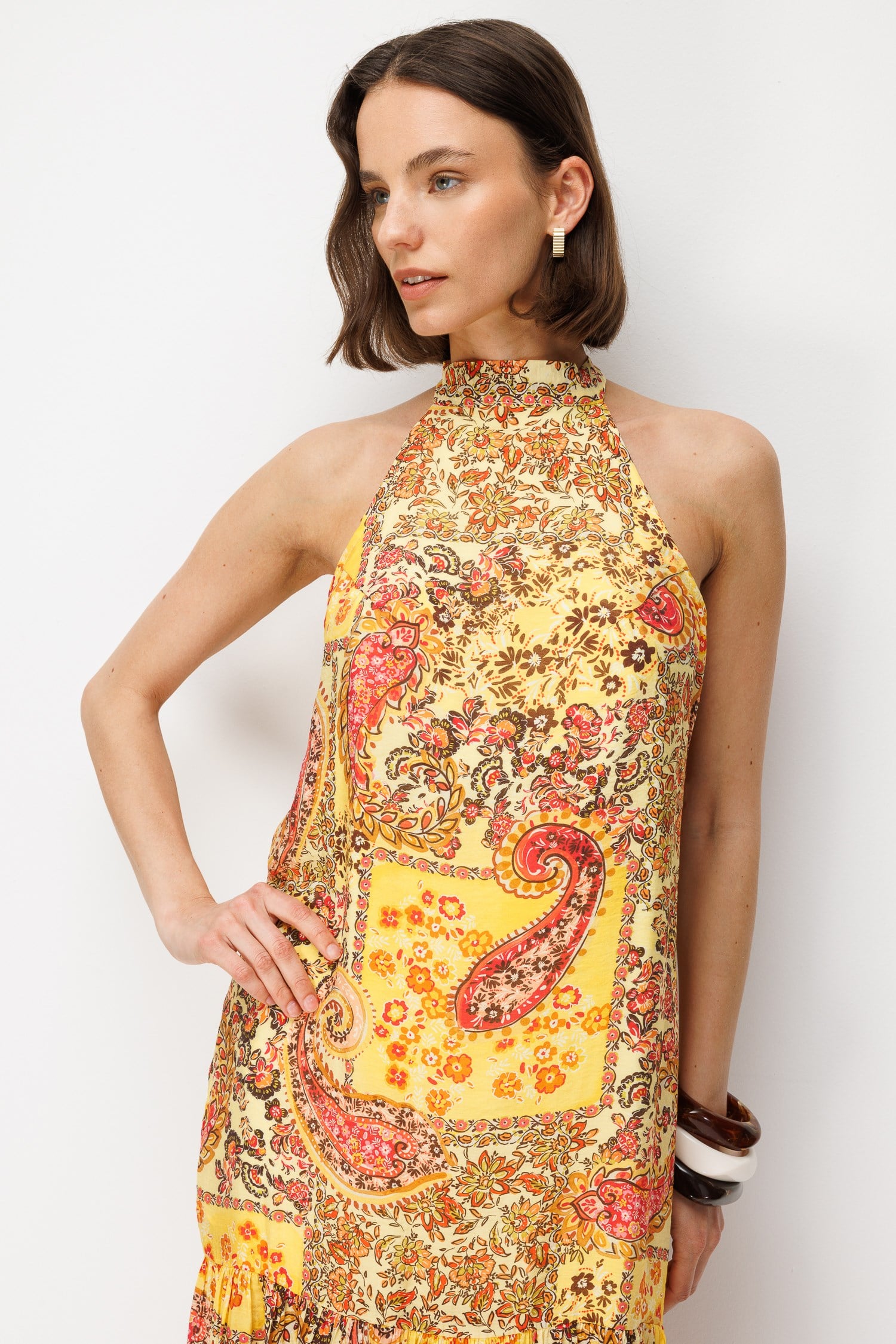 4932 Kadın Çiçek Desenli Halter Elbise Sarı