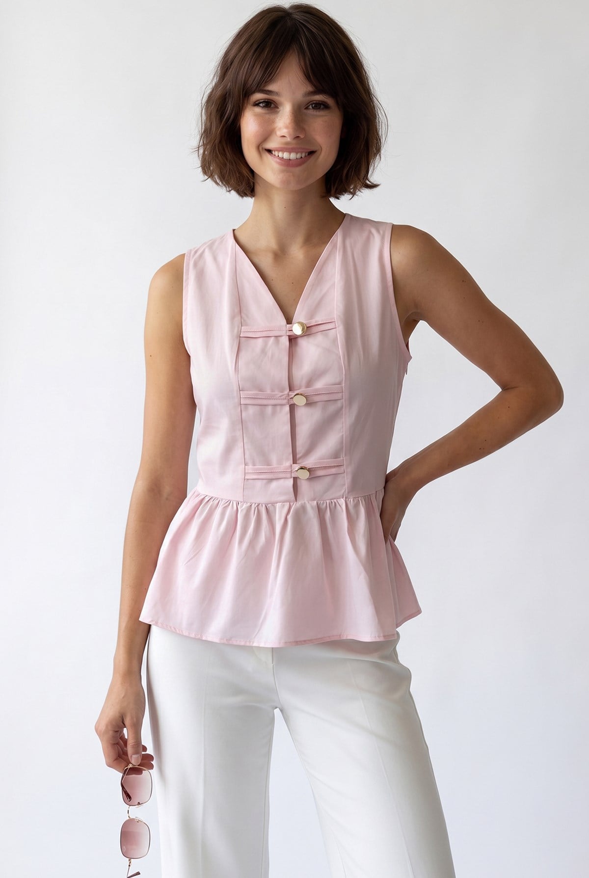 4940 Kadın Poplin Volanlı Kolsuz Peplum Bluz Pembe