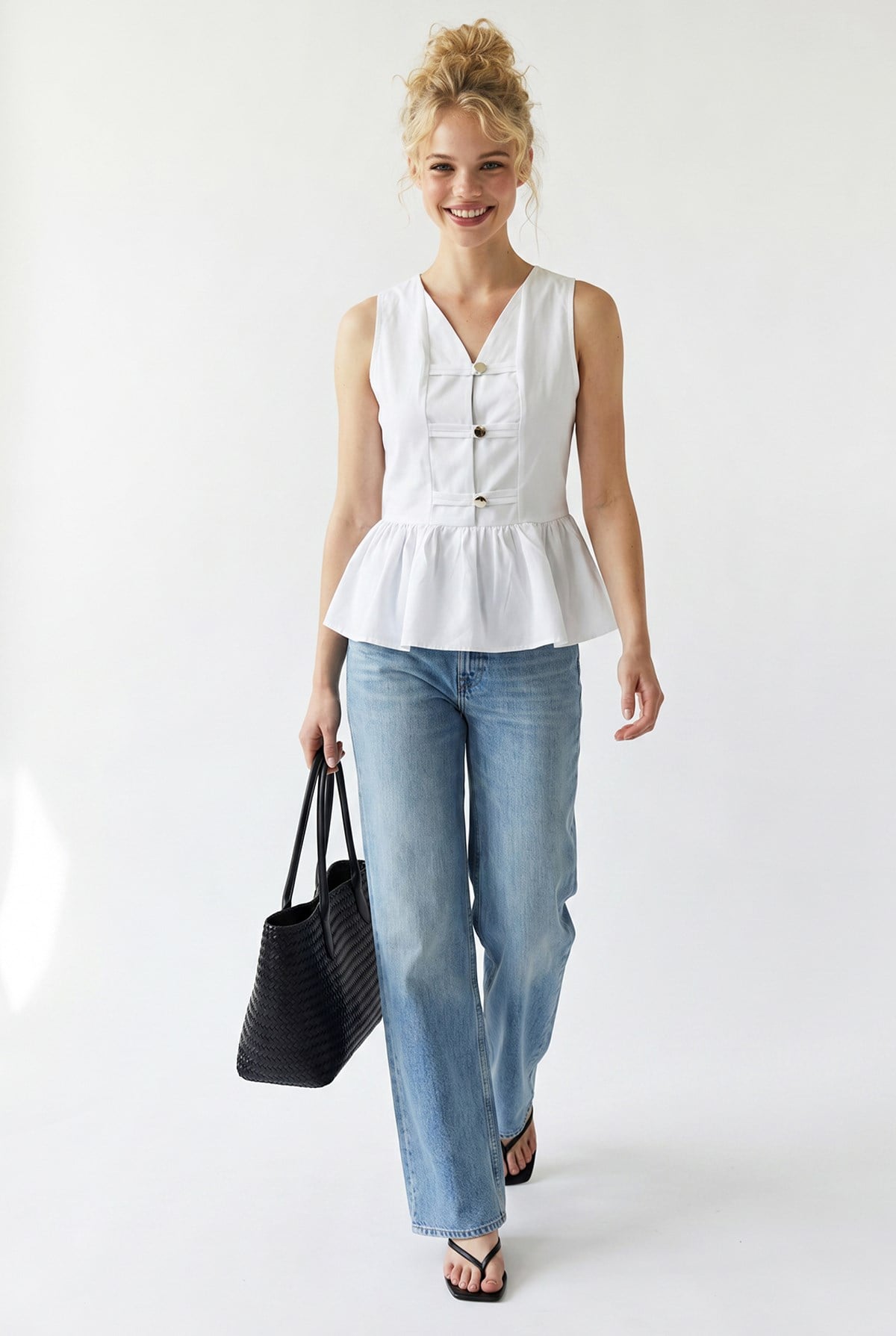 4940 Kadın Poplin Volanlı Kolsuz Peplum Bluz Beyaz
