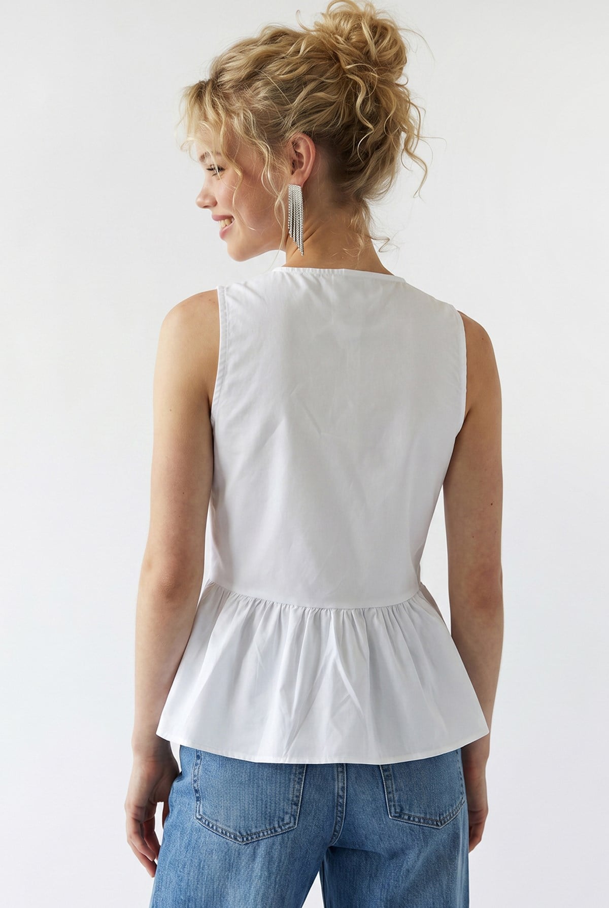 4940 Kadın Poplin Volanlı Kolsuz Peplum Bluz Beyaz