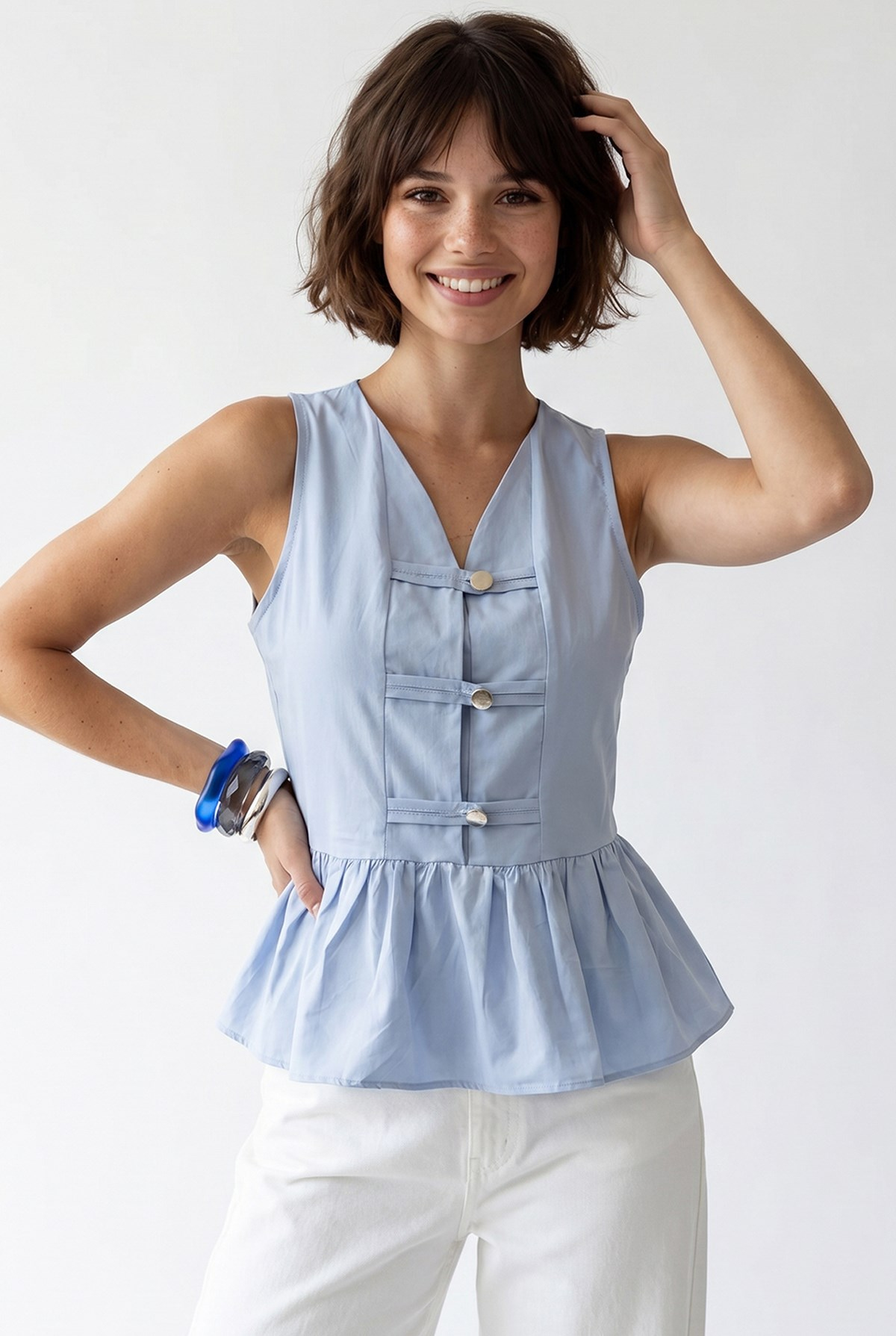 4940 Kadın Poplin Volanlı Kolsuz Peplum Bluz Bebe Mavi