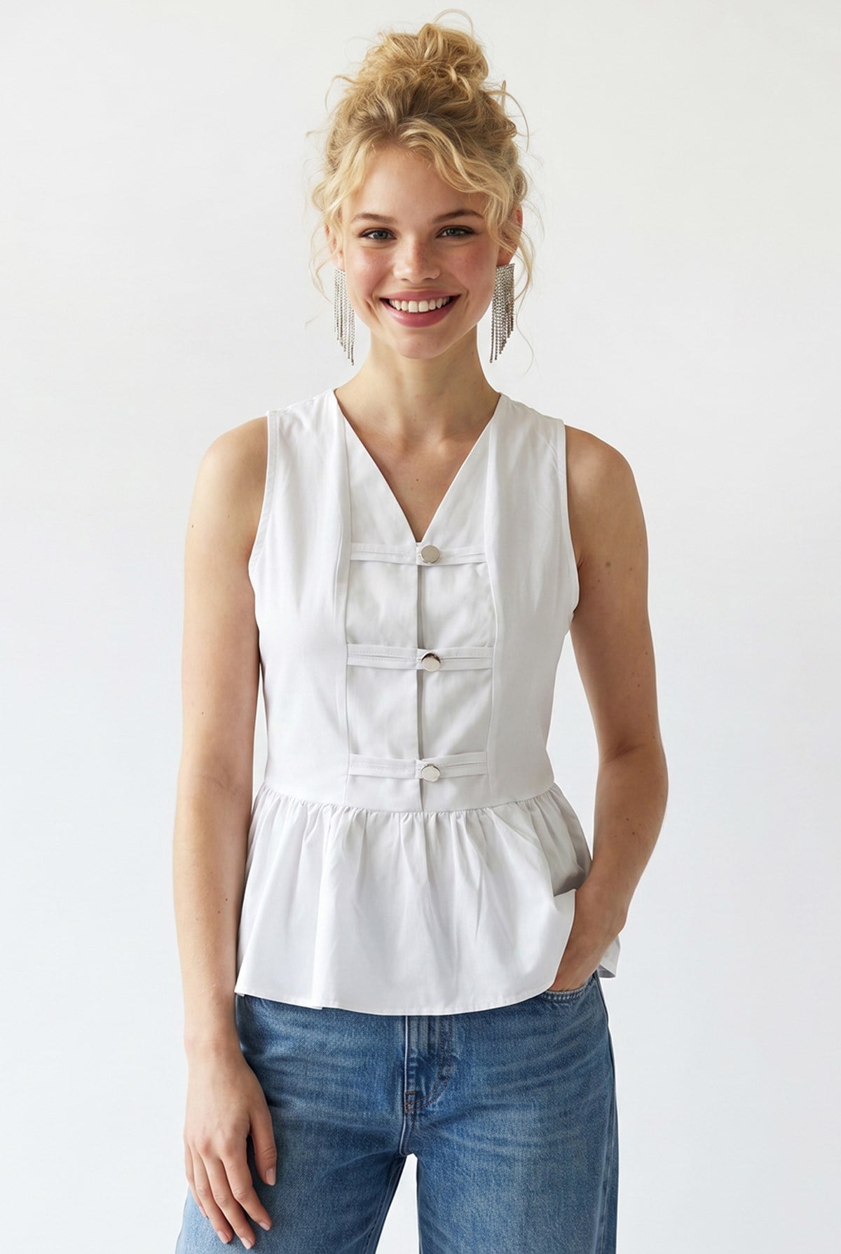 4940 Kadın Poplin Volanlı Kolsuz Peplum Bluz Beyaz