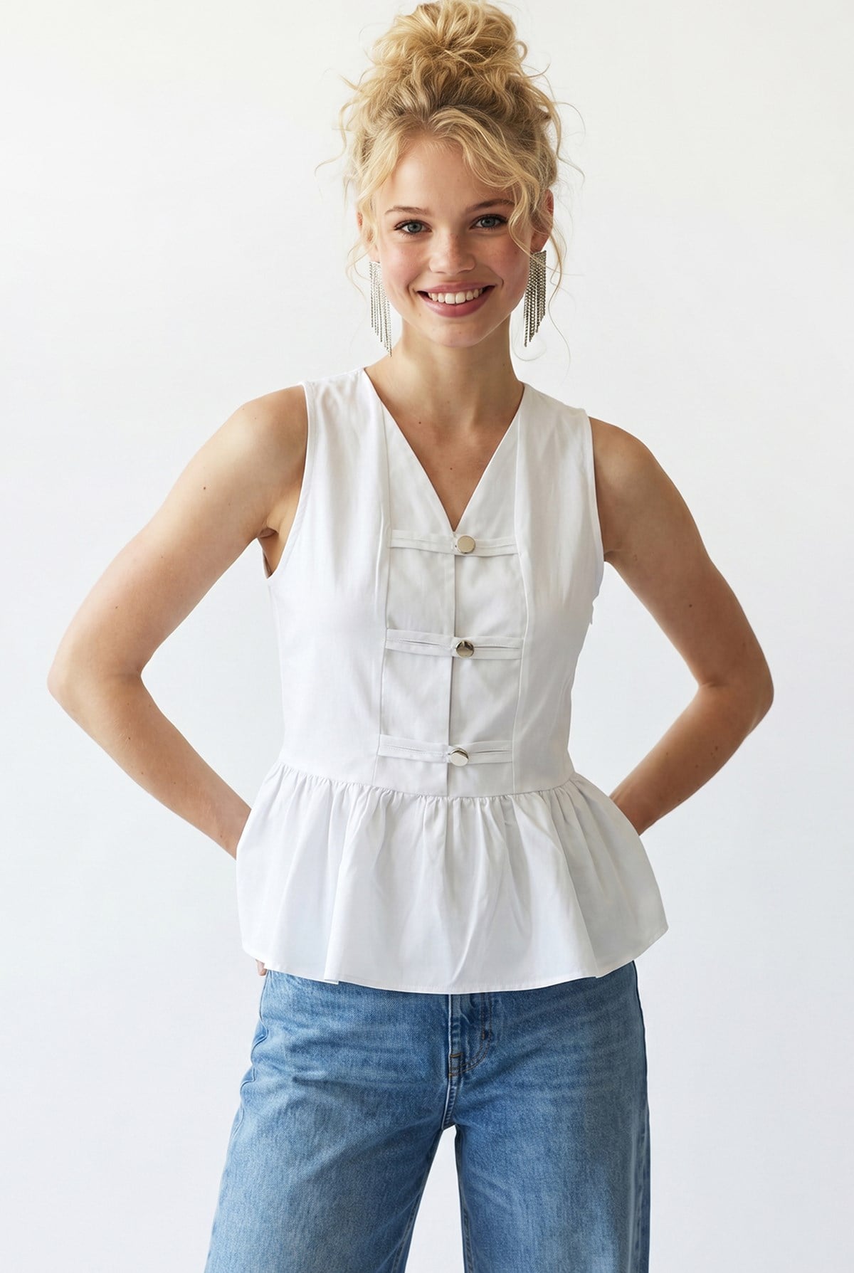 4940 Kadın Poplin Volanlı Kolsuz Peplum Bluz Beyaz