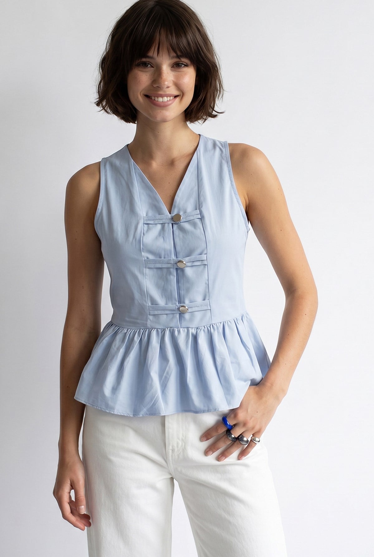 4940 Kadın Poplin Volanlı Kolsuz Peplum Bluz Bebe Mavi