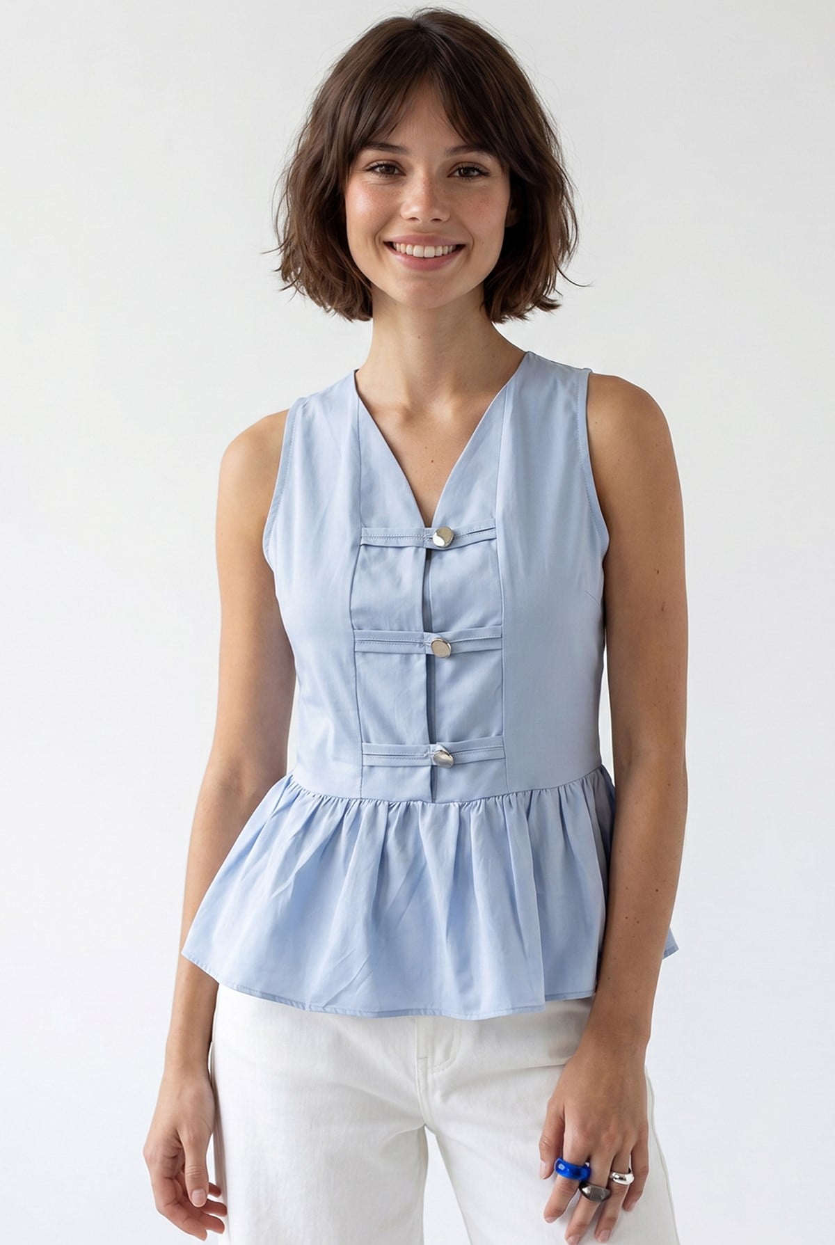 4940 Kadın Poplin Volanlı Kolsuz Peplum Bluz Bebe Mavi