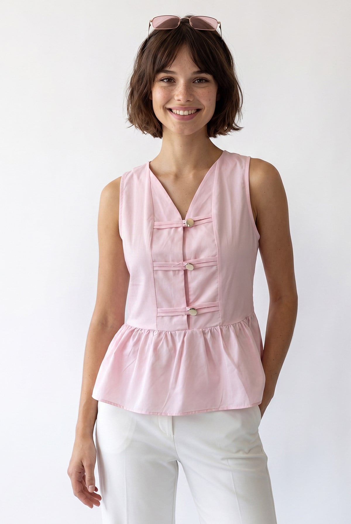 4940 Kadın Poplin Volanlı Kolsuz Peplum Bluz Pembe