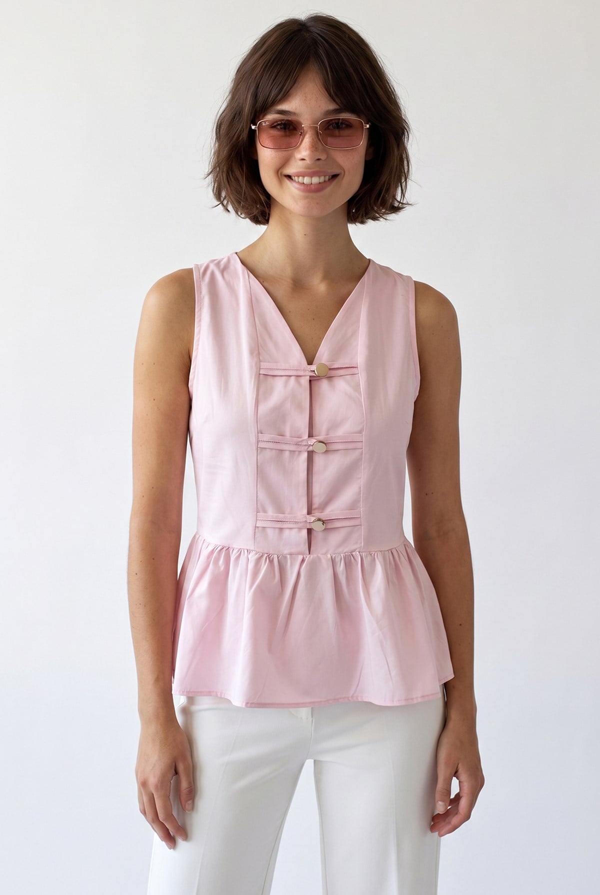 4940 Kadın Poplin Volanlı Kolsuz Peplum Bluz Pembe