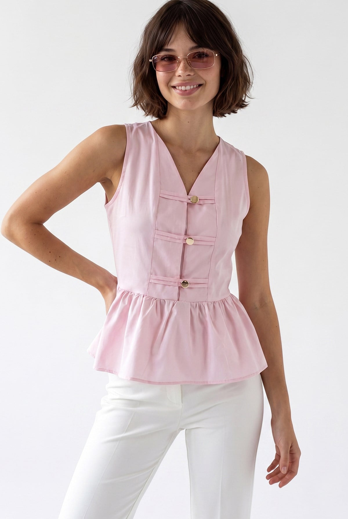 4940 Kadın Poplin Volanlı Kolsuz Peplum Bluz Pembe