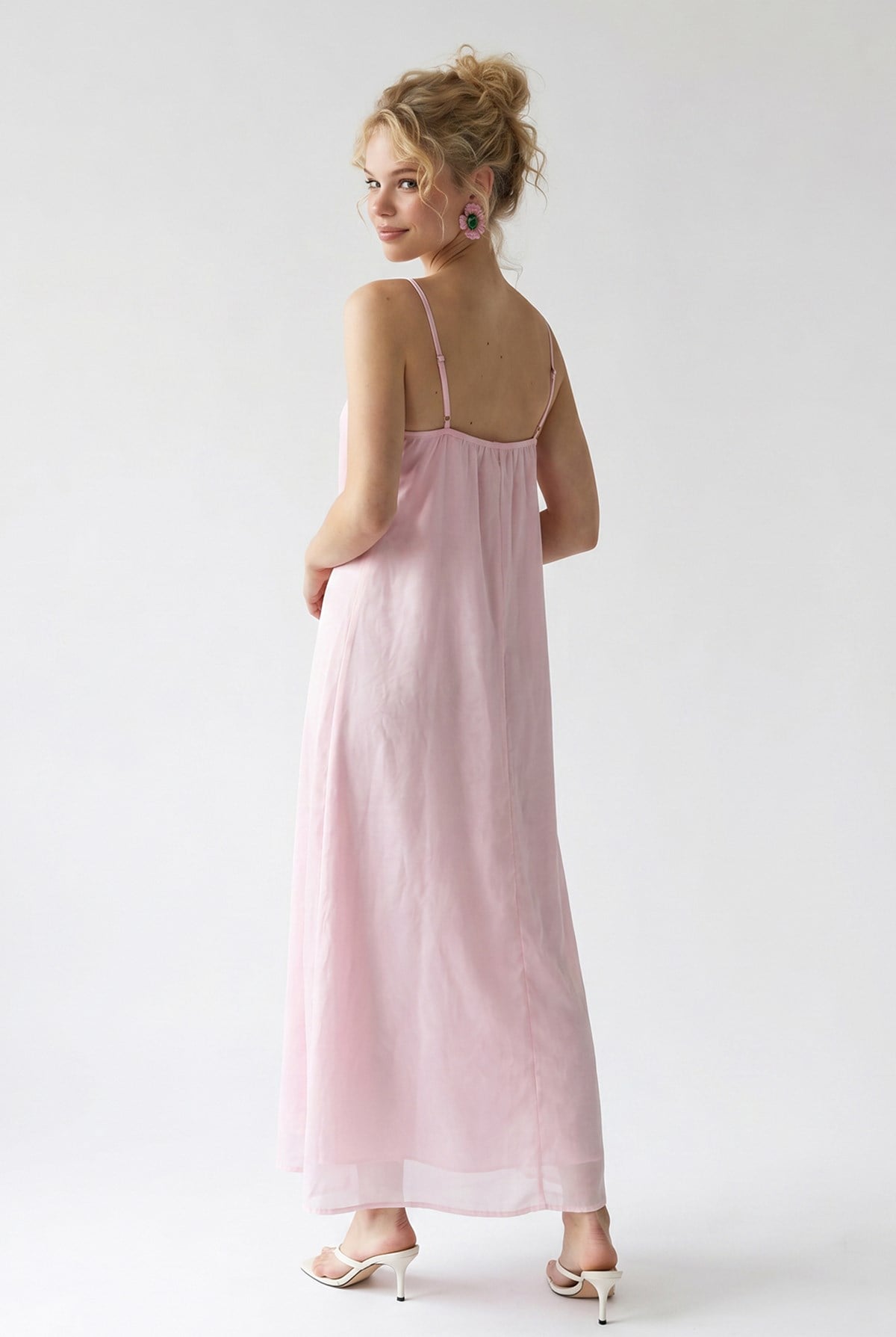 4951 Kadın V Yaka Dökümlü Midi Elbise Pembe