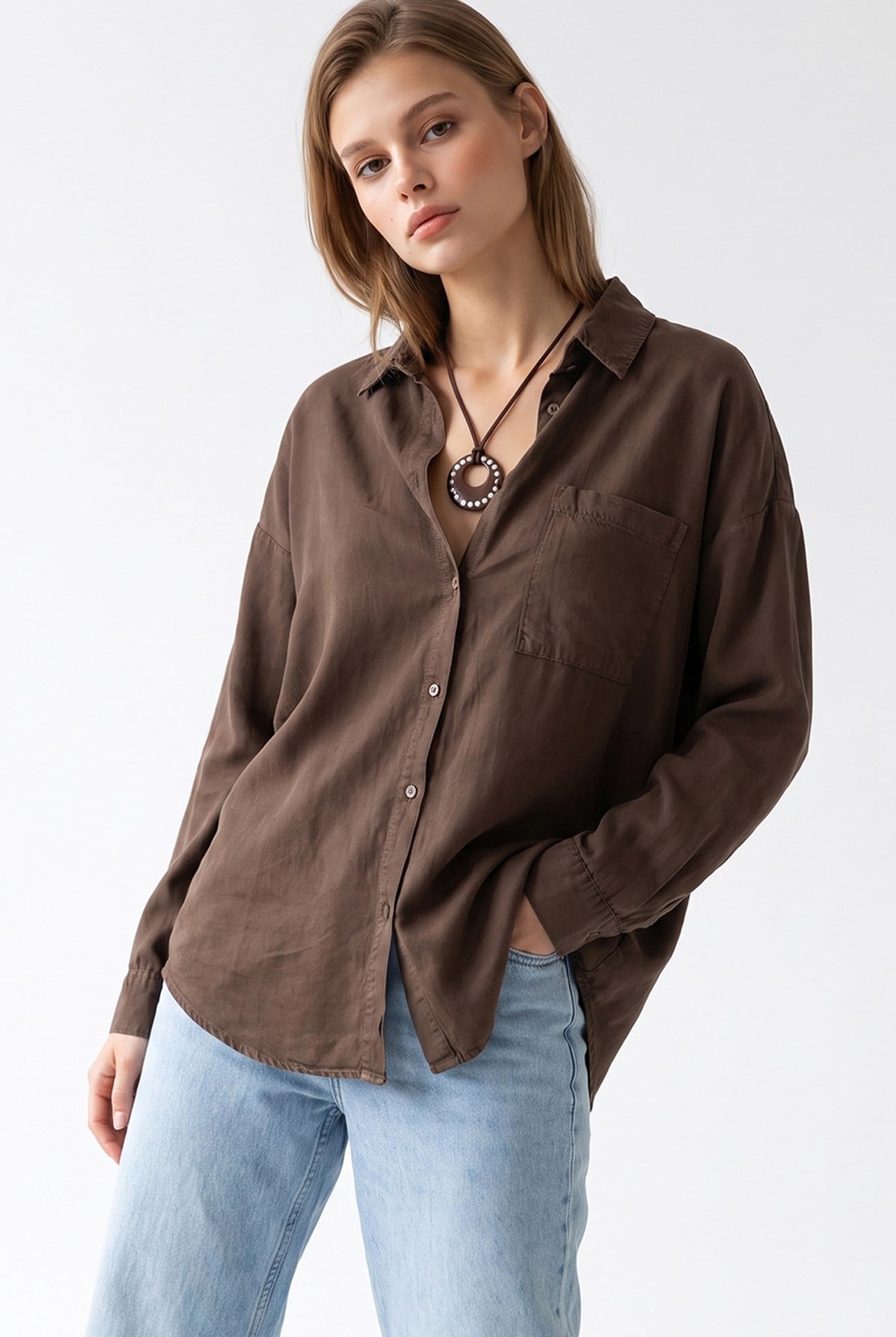 4963 Kadın Tencel Kumaş Oversize Cepli Uzun Kollu Gömlek Kahve