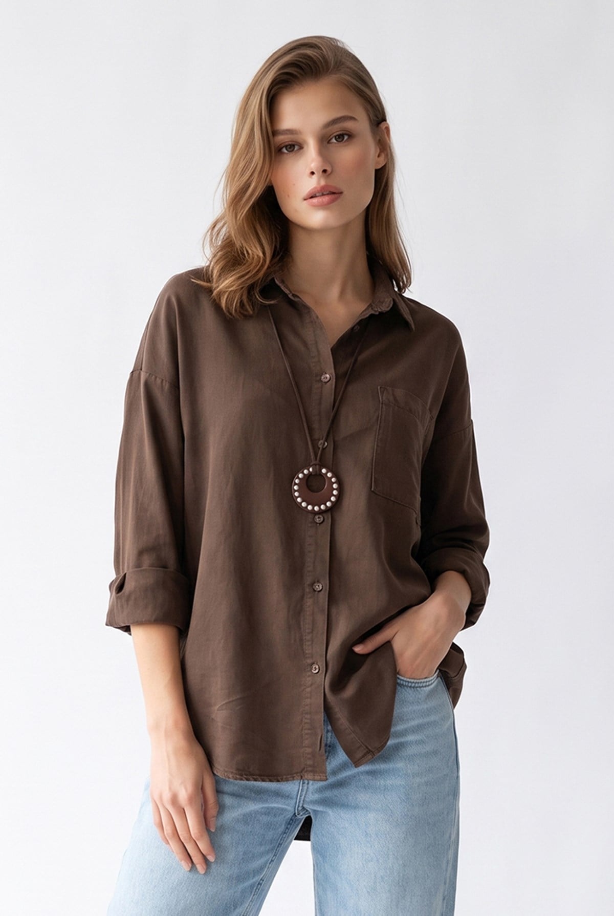 4963 Kadın Tencel Kumaş Oversize Cepli Uzun Kollu Gömlek Kahve