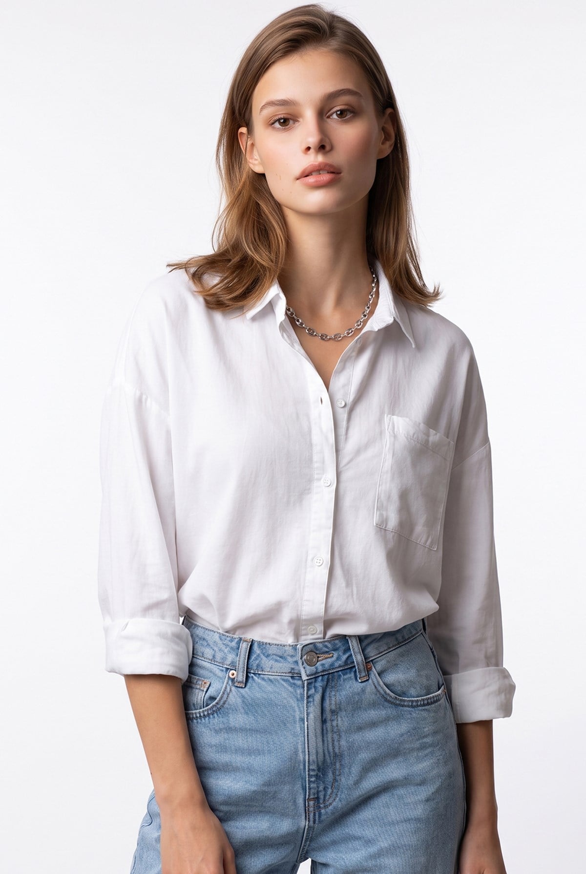 4963 Kadın Tencel Kumaş Oversize Cepli Uzun Kollu Gömlek Beyaz