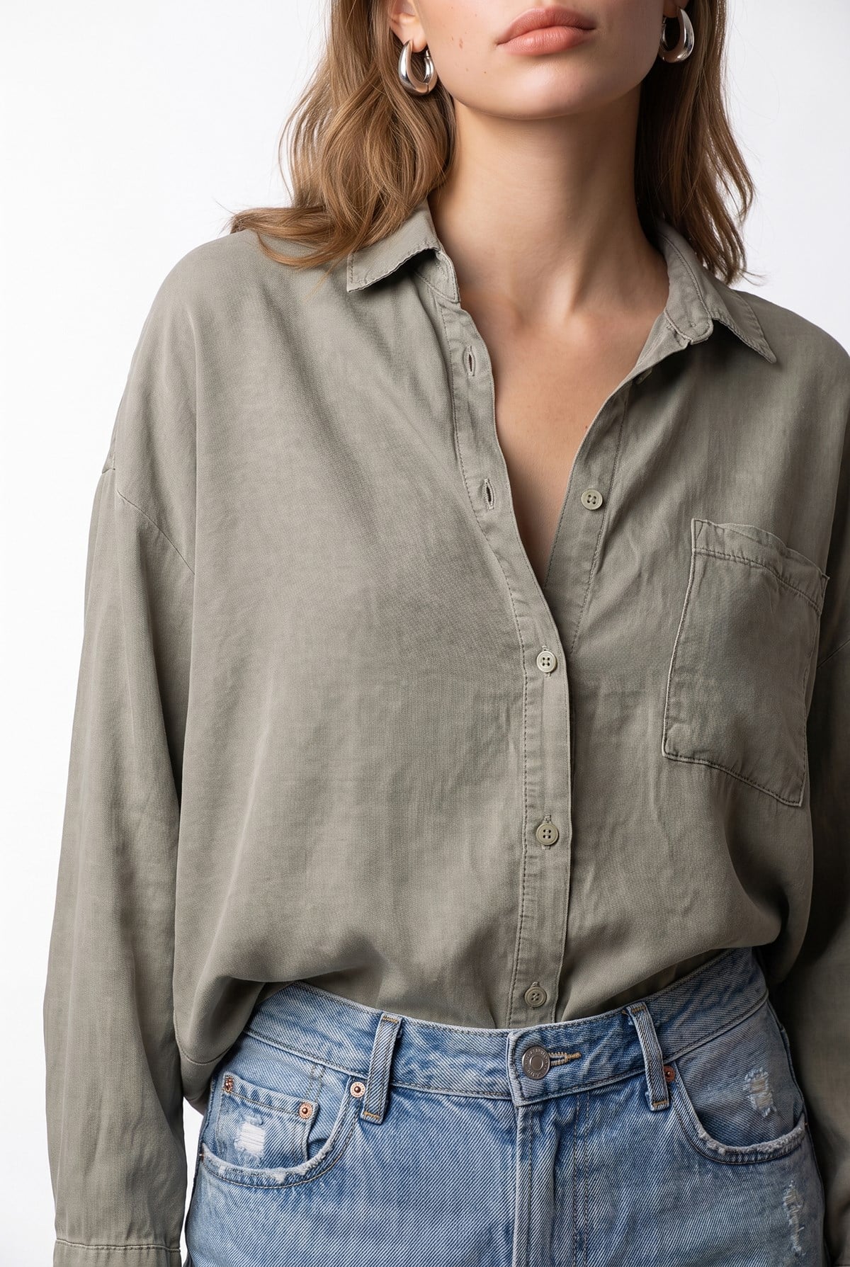 4963 Kadın Tencel Kumaş Oversize Cepli Uzun Kollu Gömlek Vizon