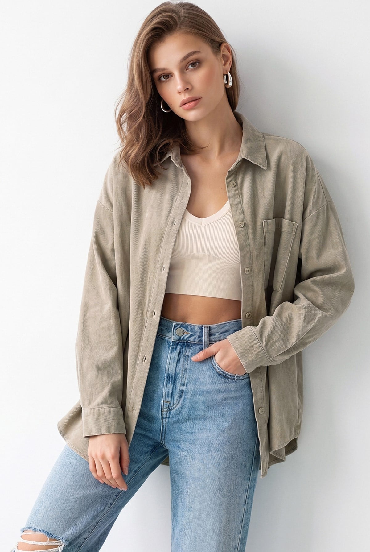4963 Kadın Tencel Kumaş Oversize Cepli Uzun Kollu Gömlek Vizon