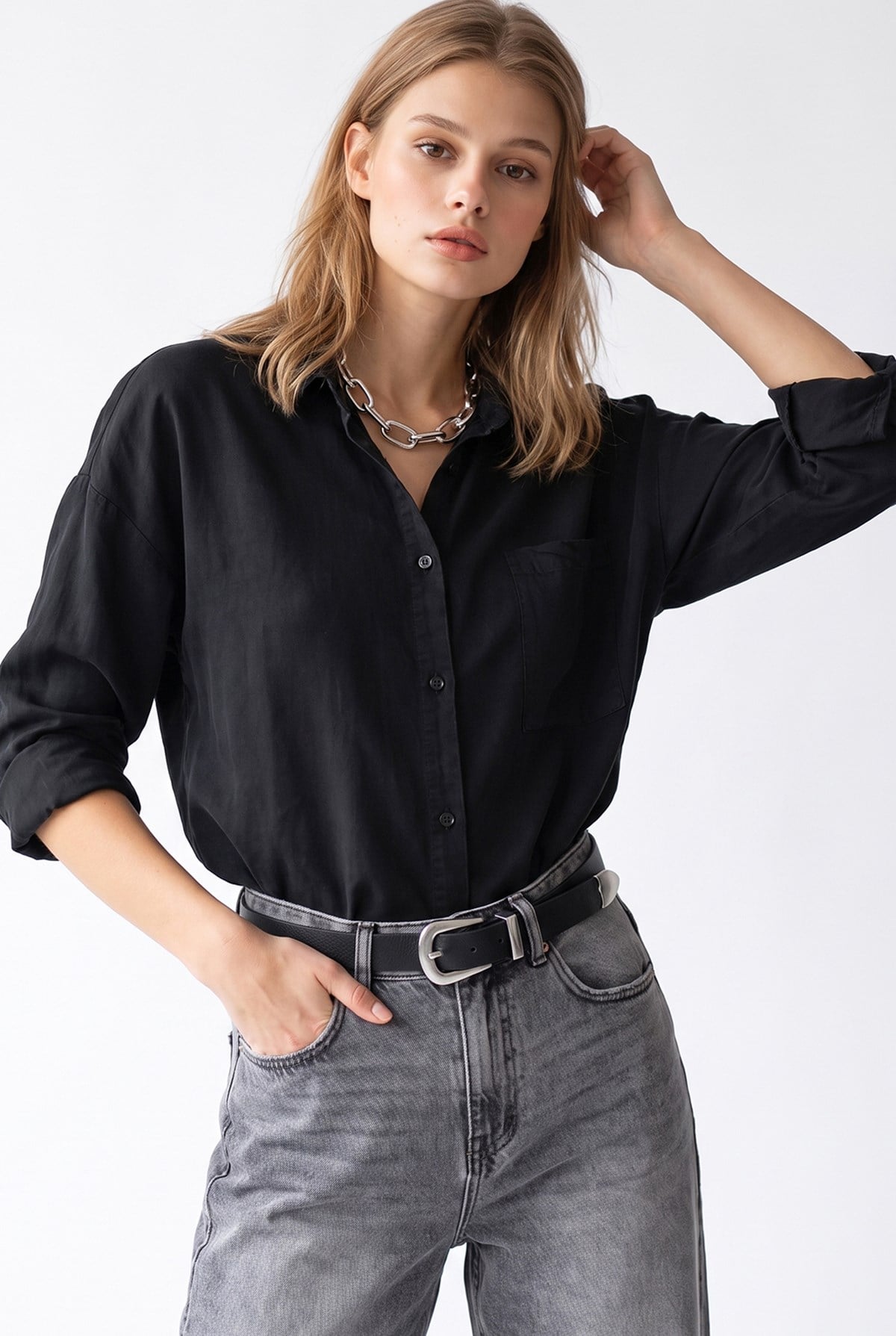 4963 Kadın Tencel Kumaş Oversize Cepli Uzun Kollu Gömlek Siyah