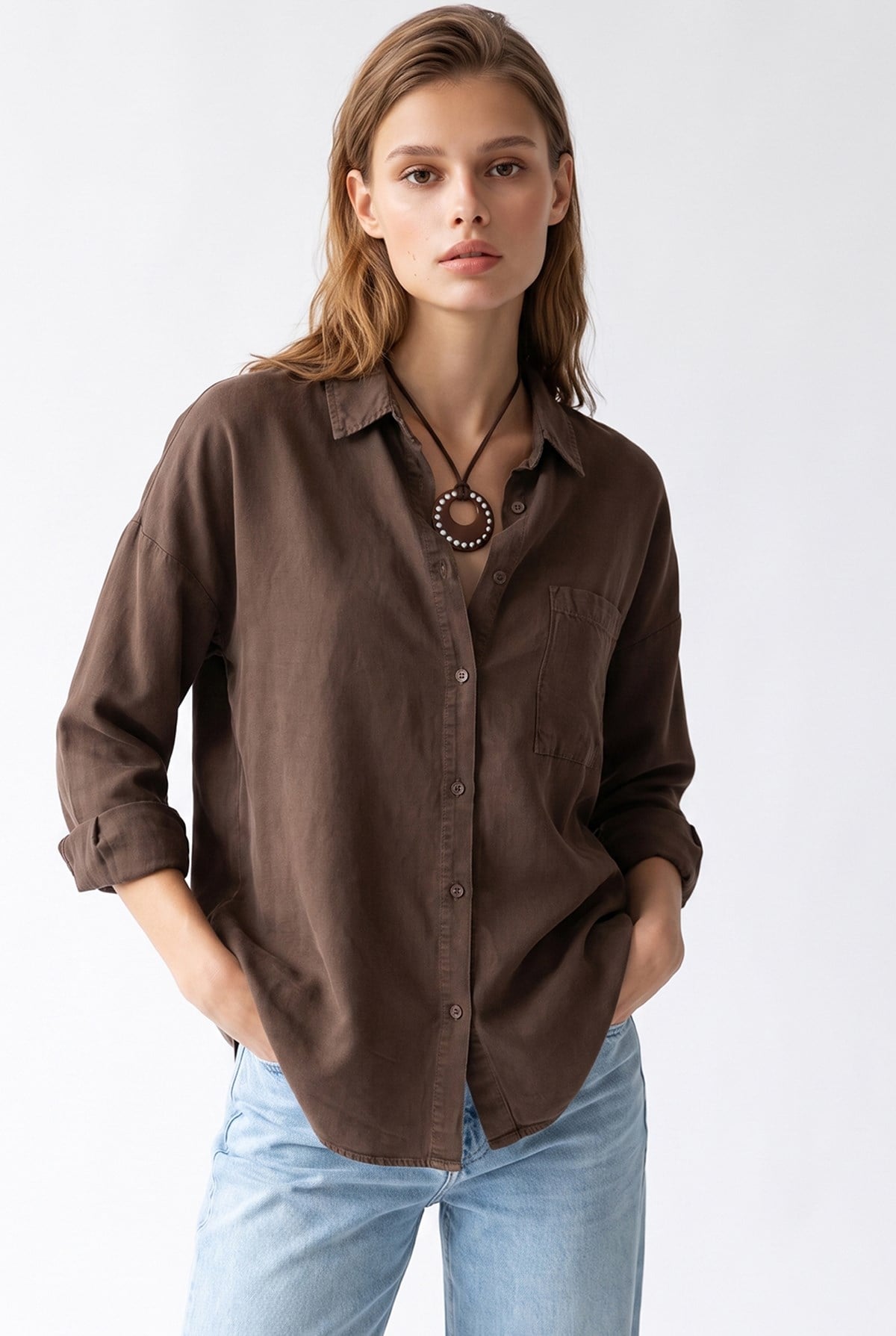 4963 Kadın Tencel Kumaş Oversize Cepli Uzun Kollu Gömlek Kahve