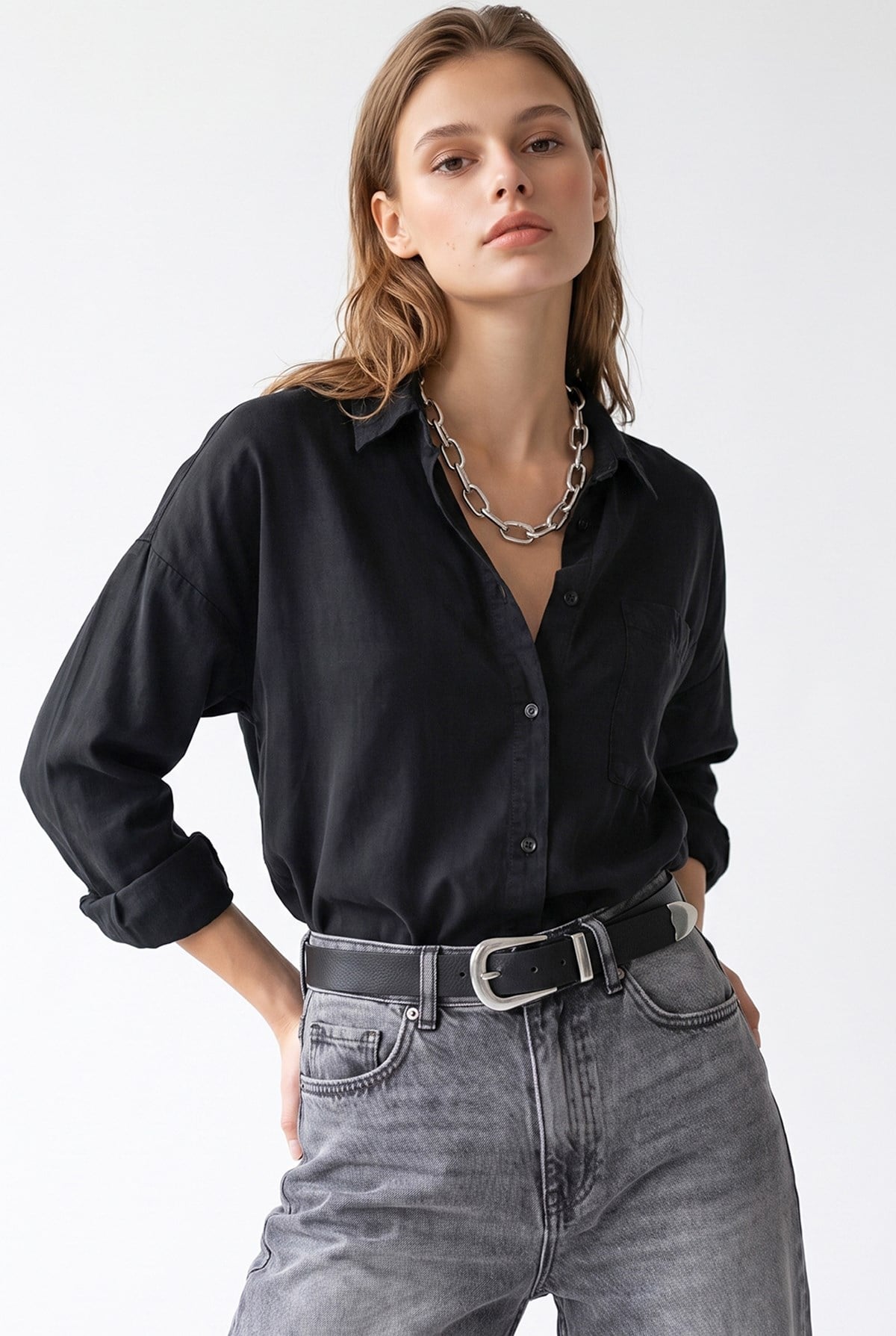 4963 Kadın Tencel Kumaş Oversize Cepli Uzun Kollu Gömlek Siyah