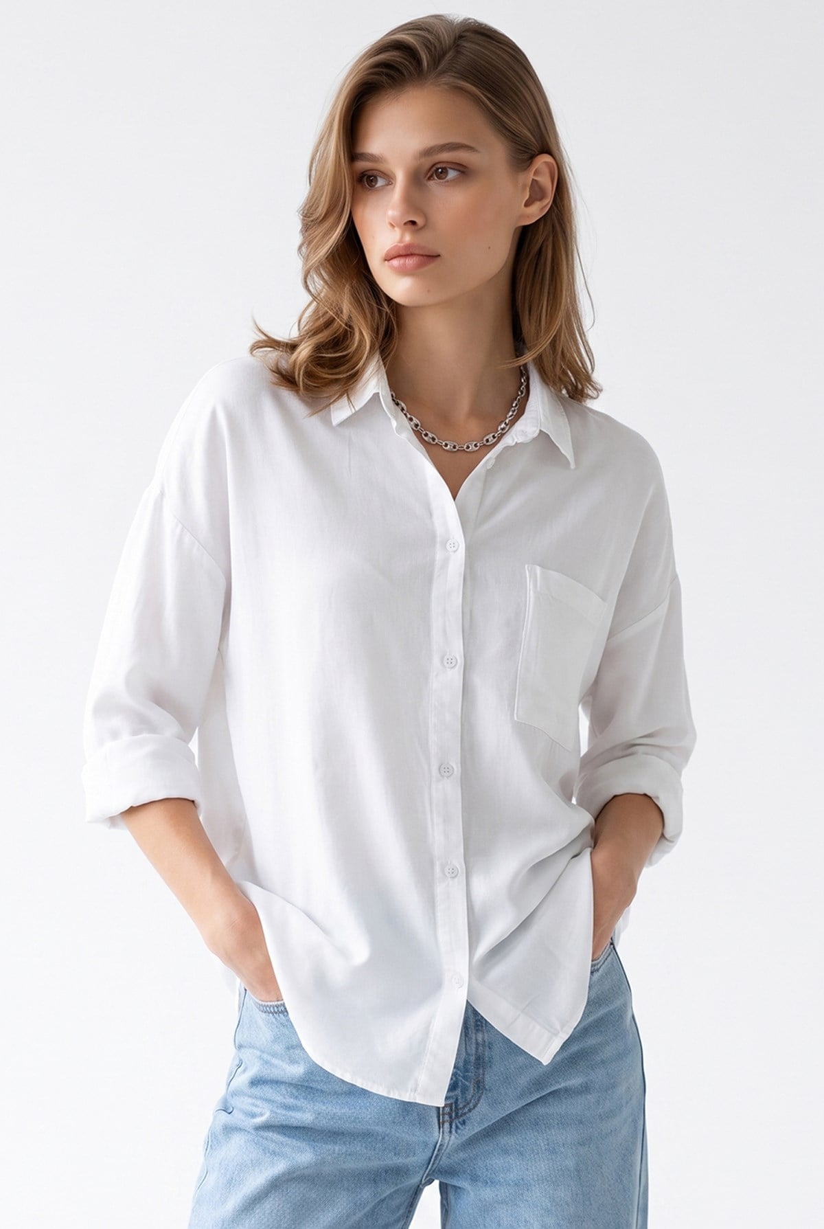 4963 Kadın Tencel Kumaş Oversize Cepli Uzun Kollu Gömlek Beyaz