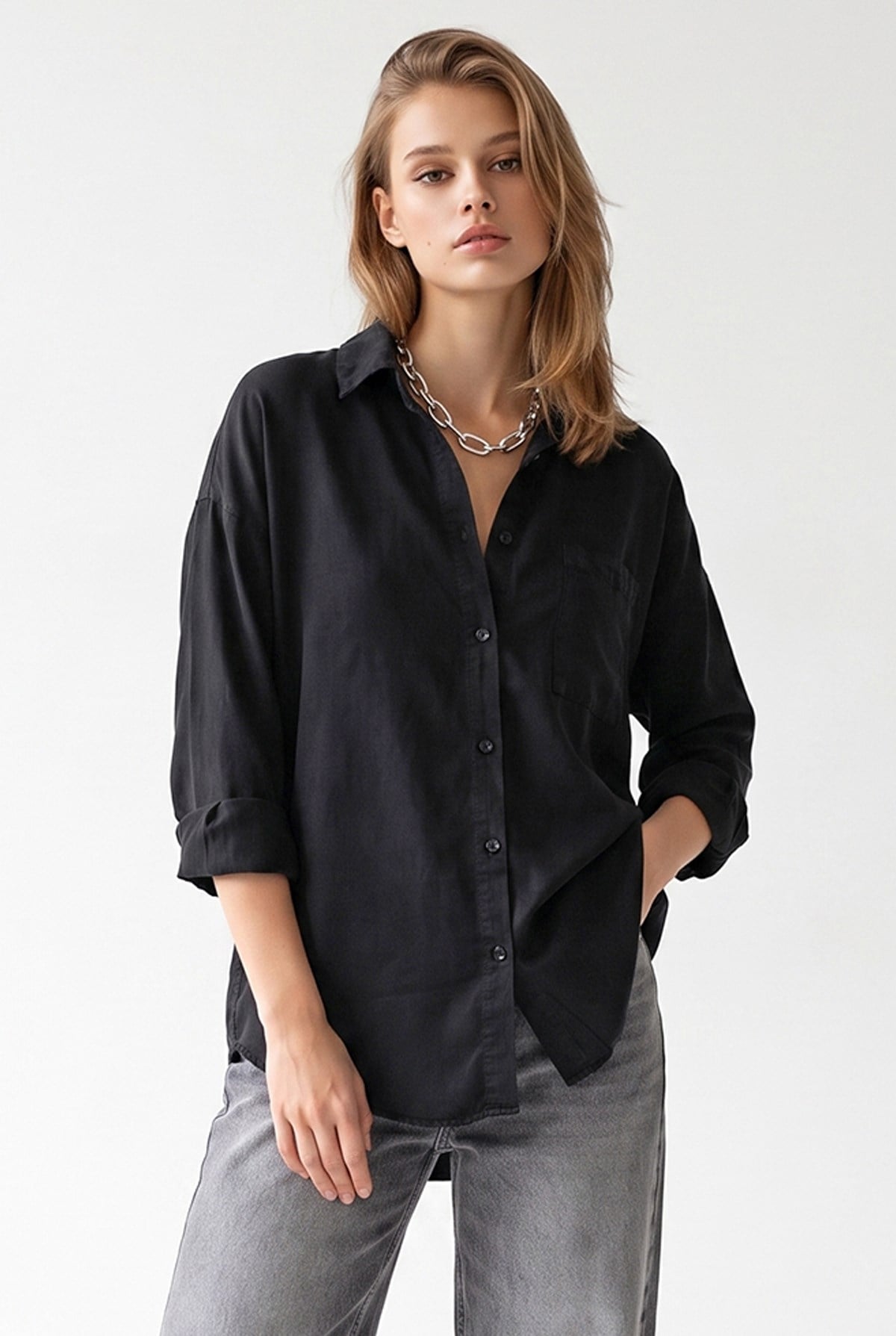 4963 Kadın Tencel Kumaş Oversize Cepli Uzun Kollu Gömlek Siyah