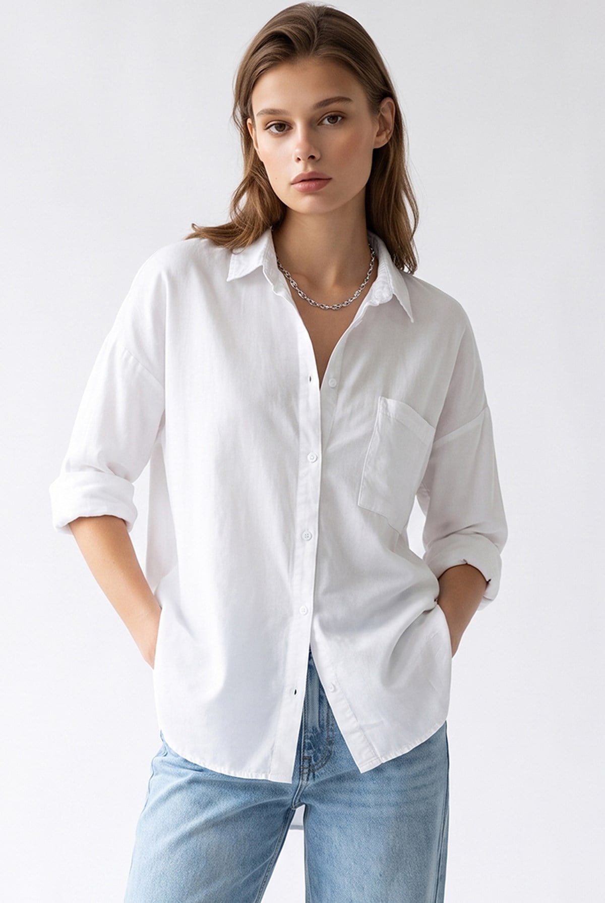 4963 Kadın Tencel Kumaş Oversize Cepli Uzun Kollu Gömlek Beyaz