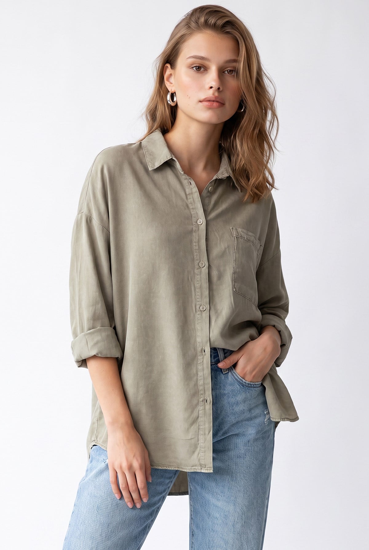 4963 Kadın Tencel Kumaş Oversize Cepli Uzun Kollu Gömlek Vizon