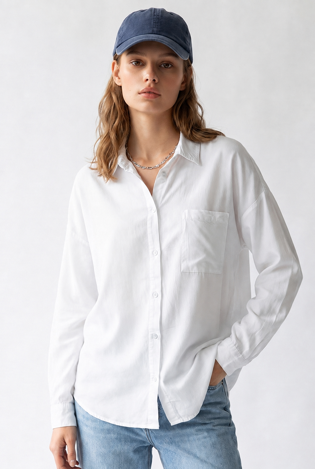 4963 Kadın Tencel Kumaş Oversize Cepli Uzun Kollu Gömlek Beyaz
