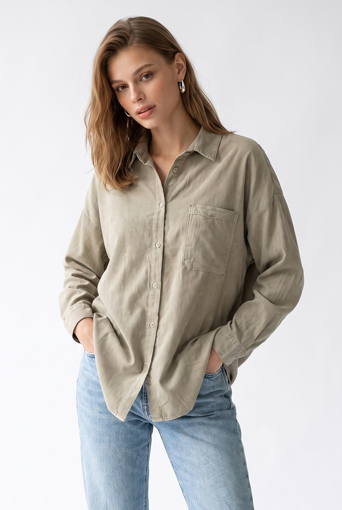 4963 Kadın Tencel Kumaş Oversize Cepli Uzun Kollu Gömlek Vizon