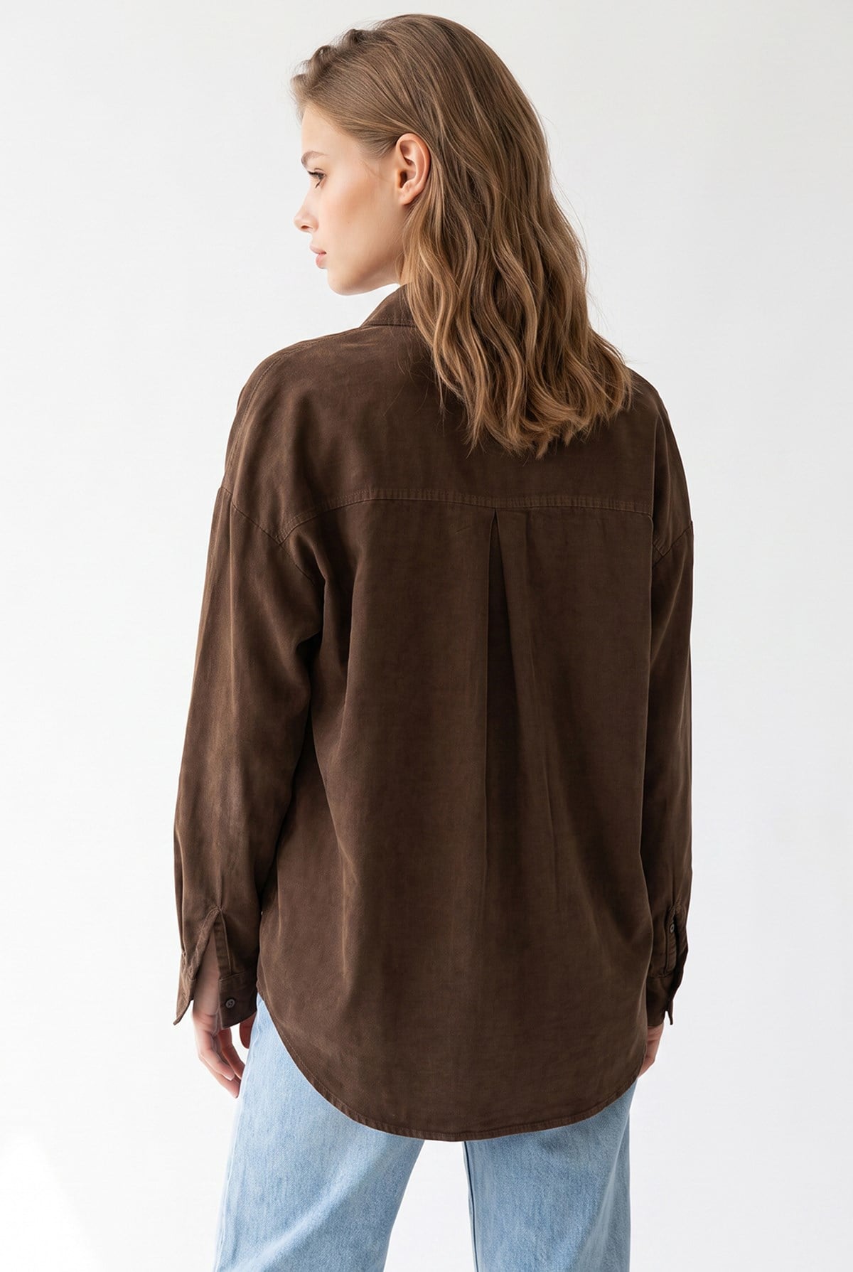4963 Kadın Tencel Kumaş Oversize Cepli Uzun Kollu Gömlek Kahve
