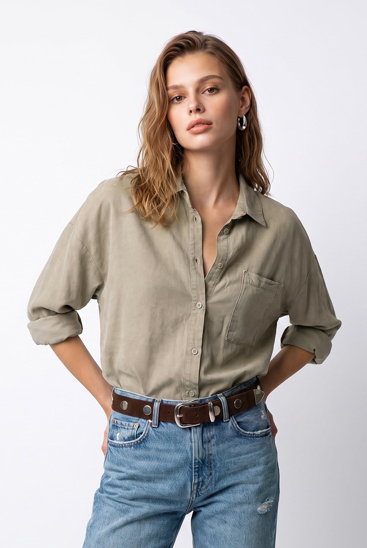 4963 Kadın Tencel Kumaş Oversize Cepli Uzun Kollu Gömlek Vizon