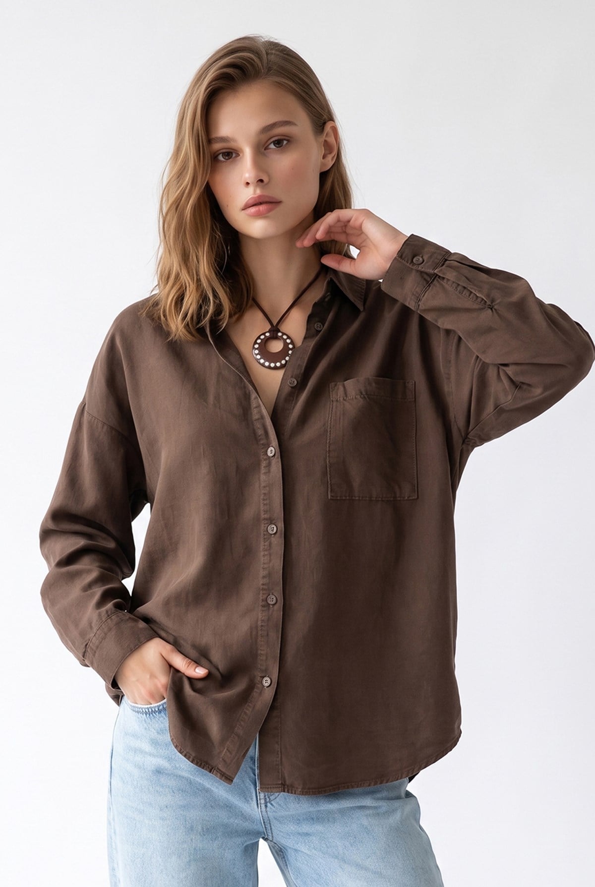 4963 Kadın Tencel Kumaş Oversize Cepli Uzun Kollu Gömlek Kahve