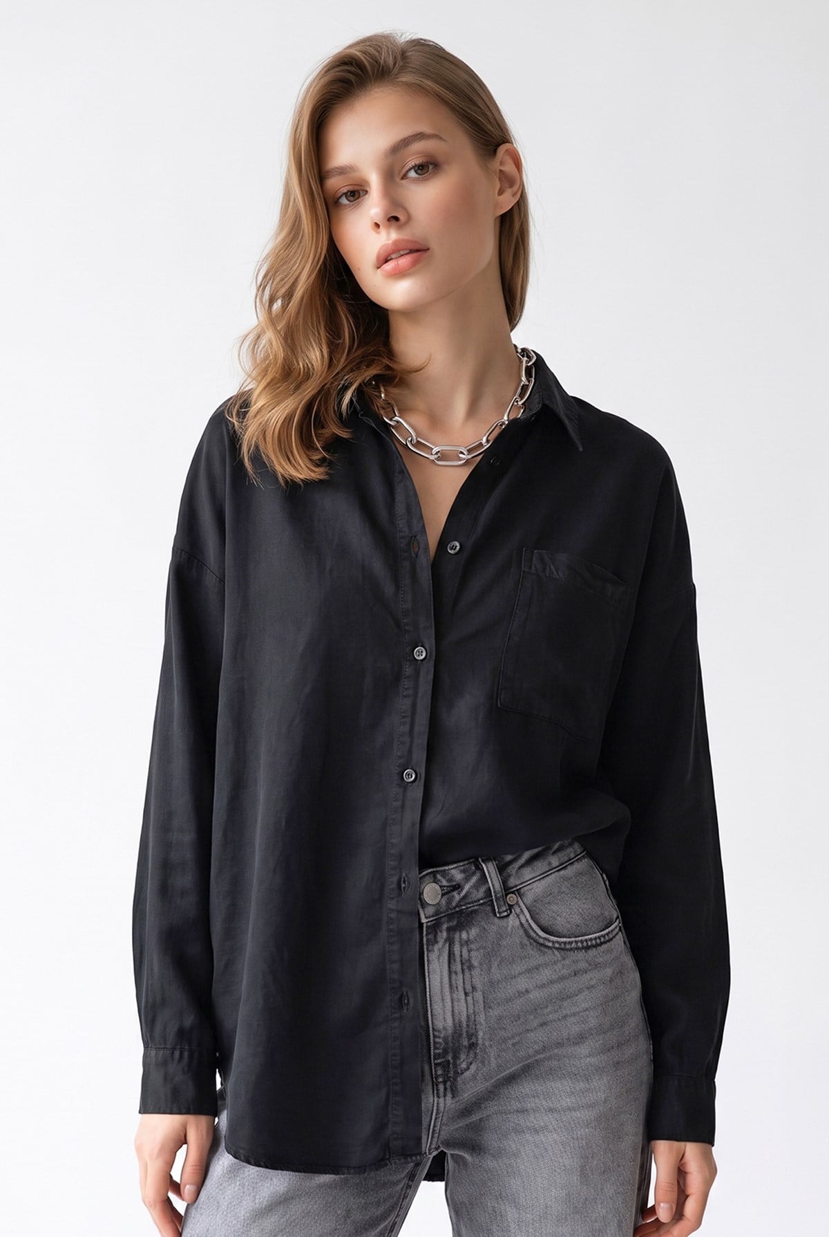 4963 Kadın Tencel Kumaş Oversize Cepli Uzun Kollu Gömlek Siyah