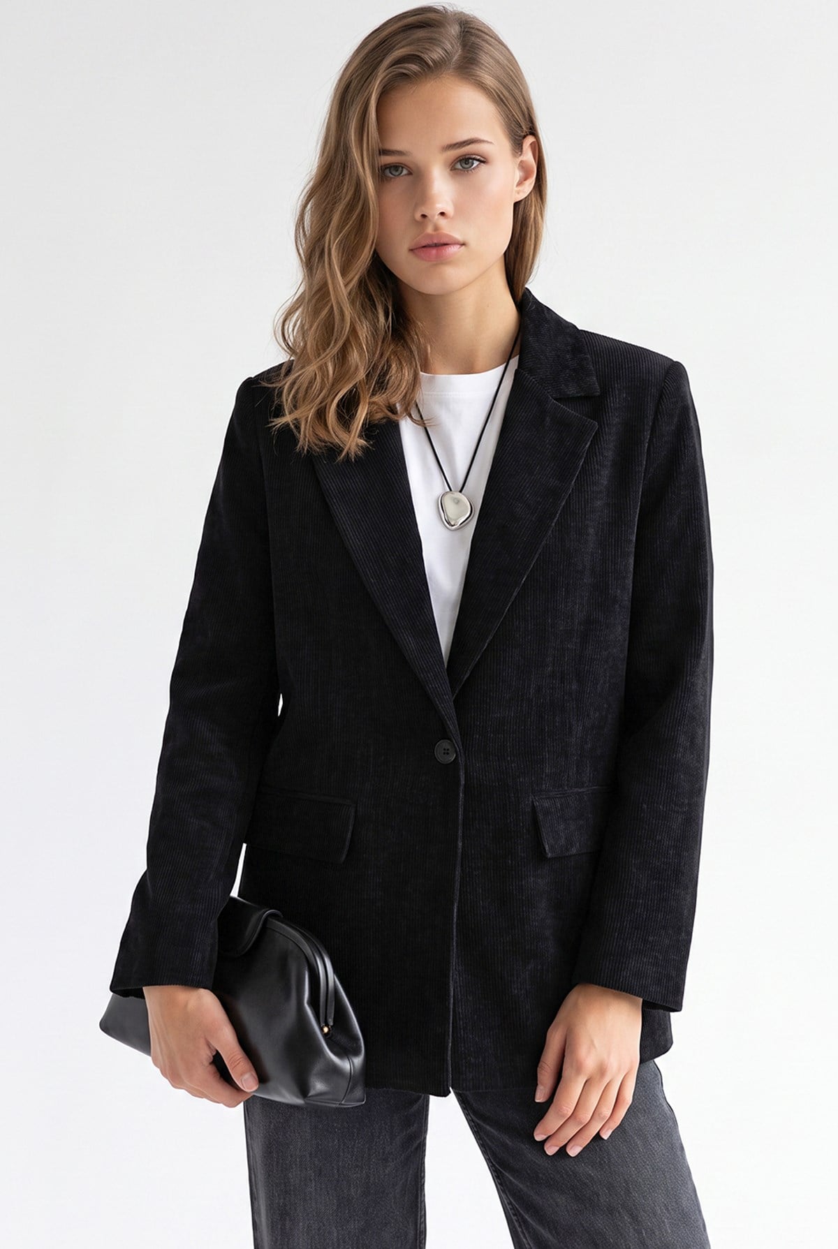 4969 Kadın Kadife Dokulu Düğmeli Blazer Ceket Siyah