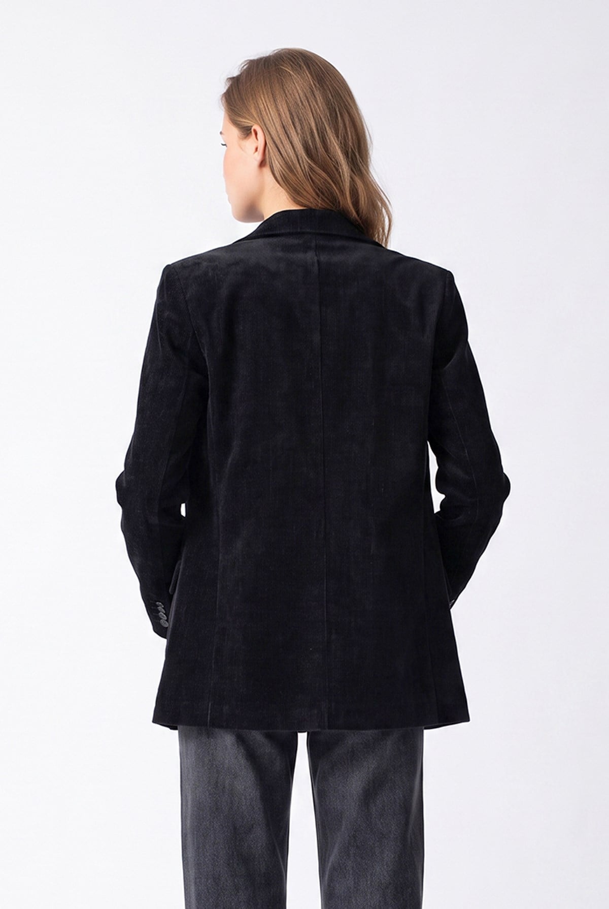 4969 Kadın Kadife Dokulu Düğmeli Blazer Ceket Siyah