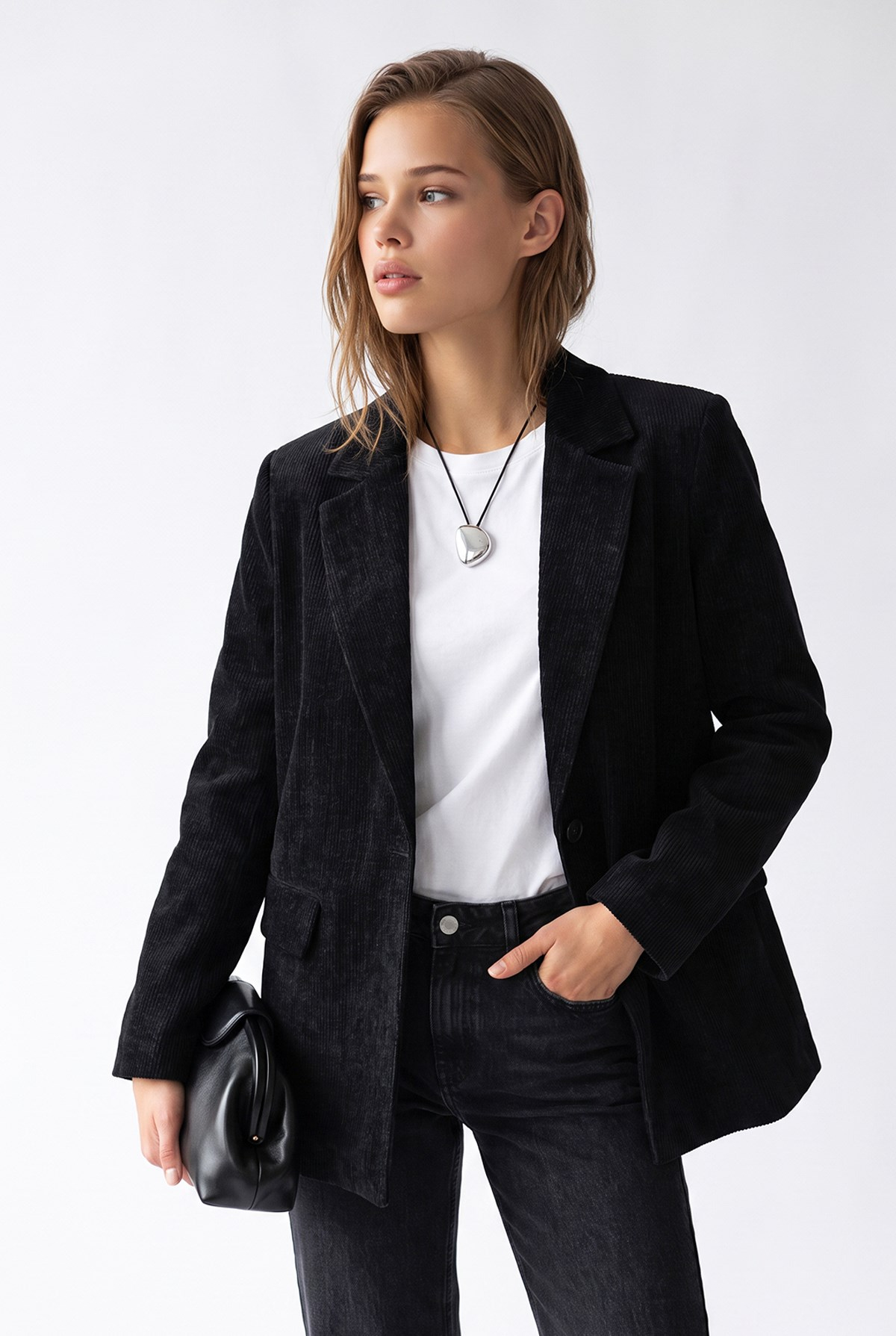 4969 Kadın Kadife Dokulu Düğmeli Blazer Ceket Siyah