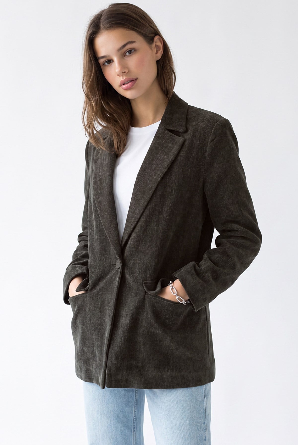 4969 Kadın Kadife Dokulu Tek Düğmeli Blazer Ceket Kahve