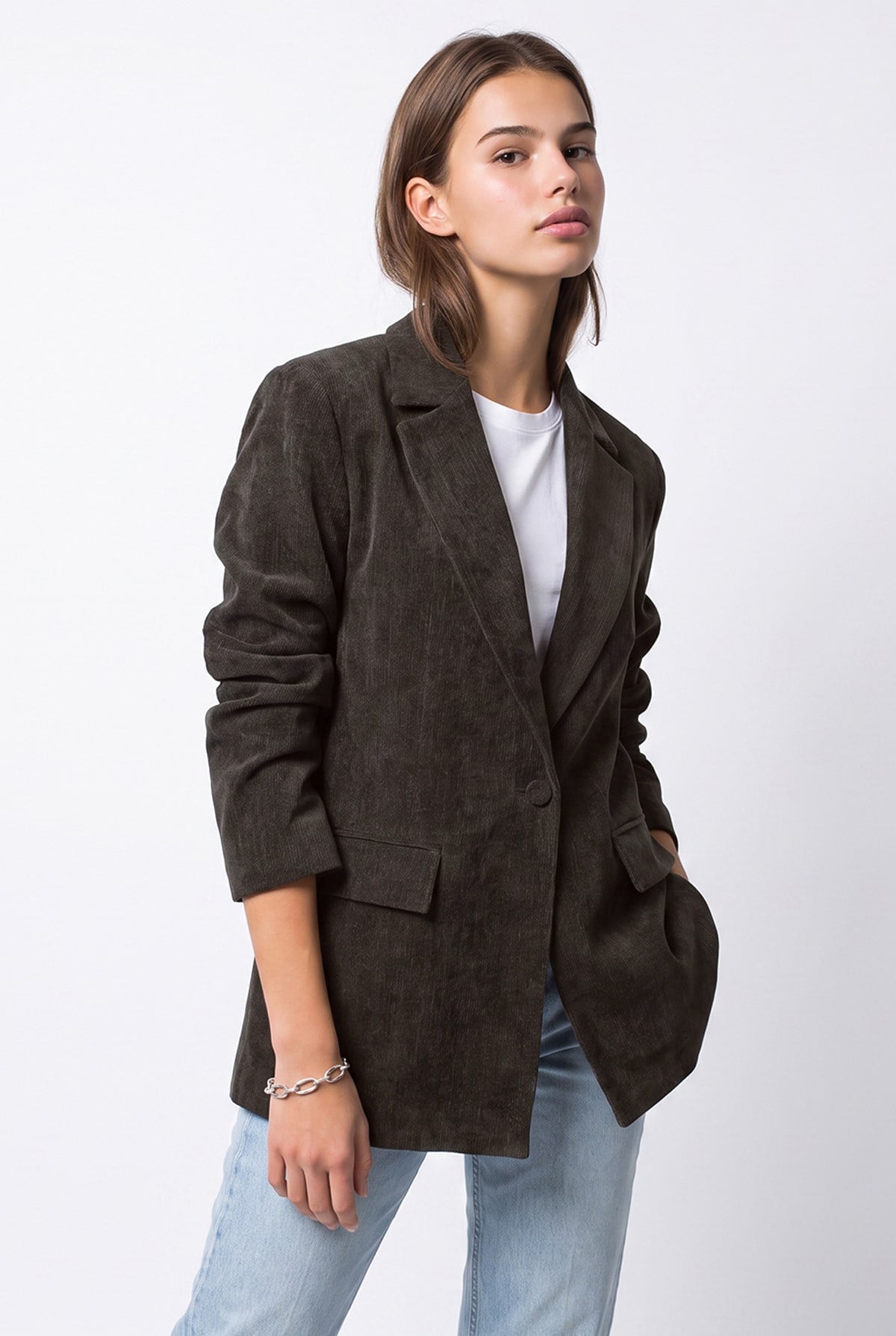 4969 Kadın Kadife Dokulu Tek Düğmeli Blazer Ceket Kahve