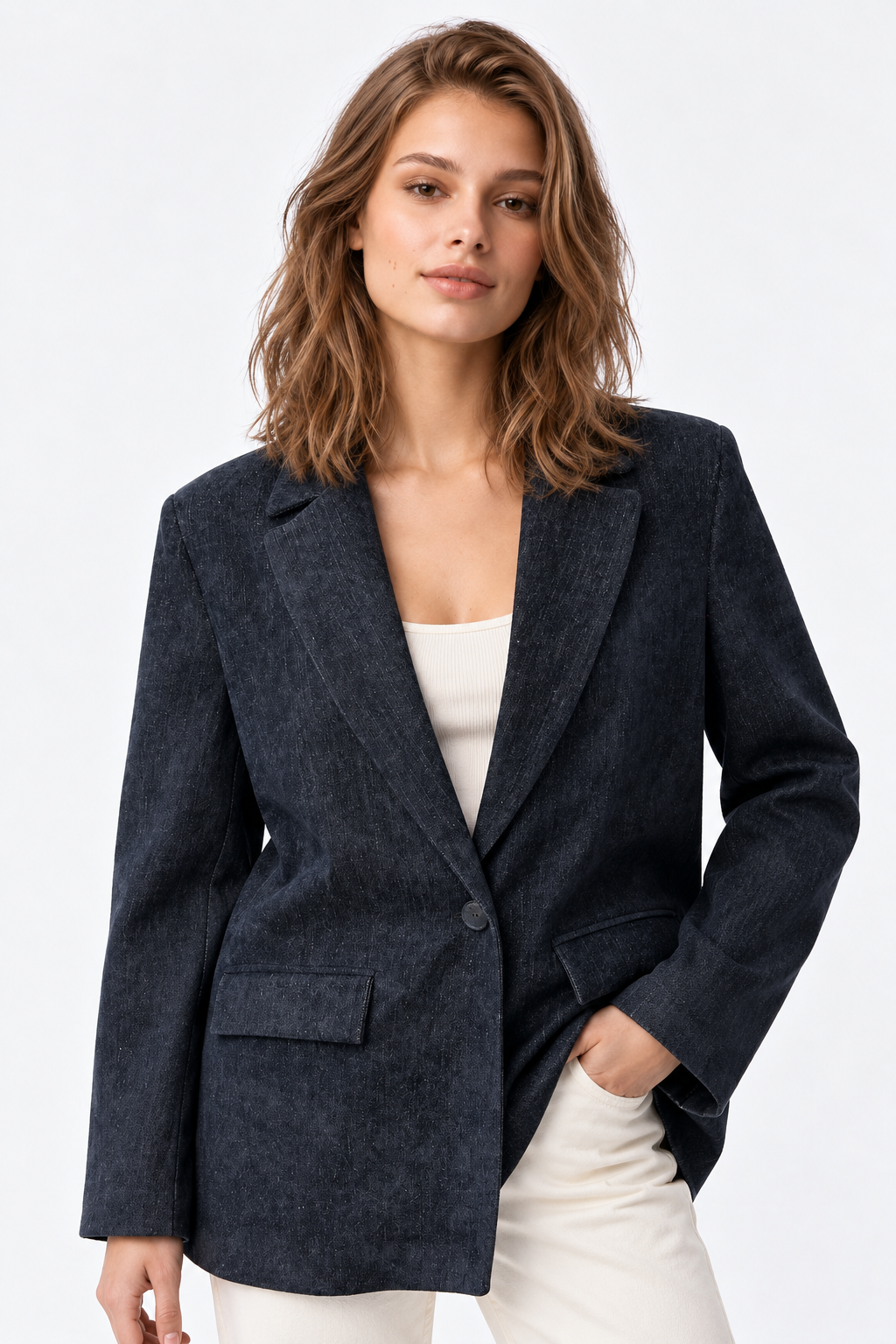 4969 Kadın Kadife Dokulu Tek Düğmeli Blazer Ceket Lacivert