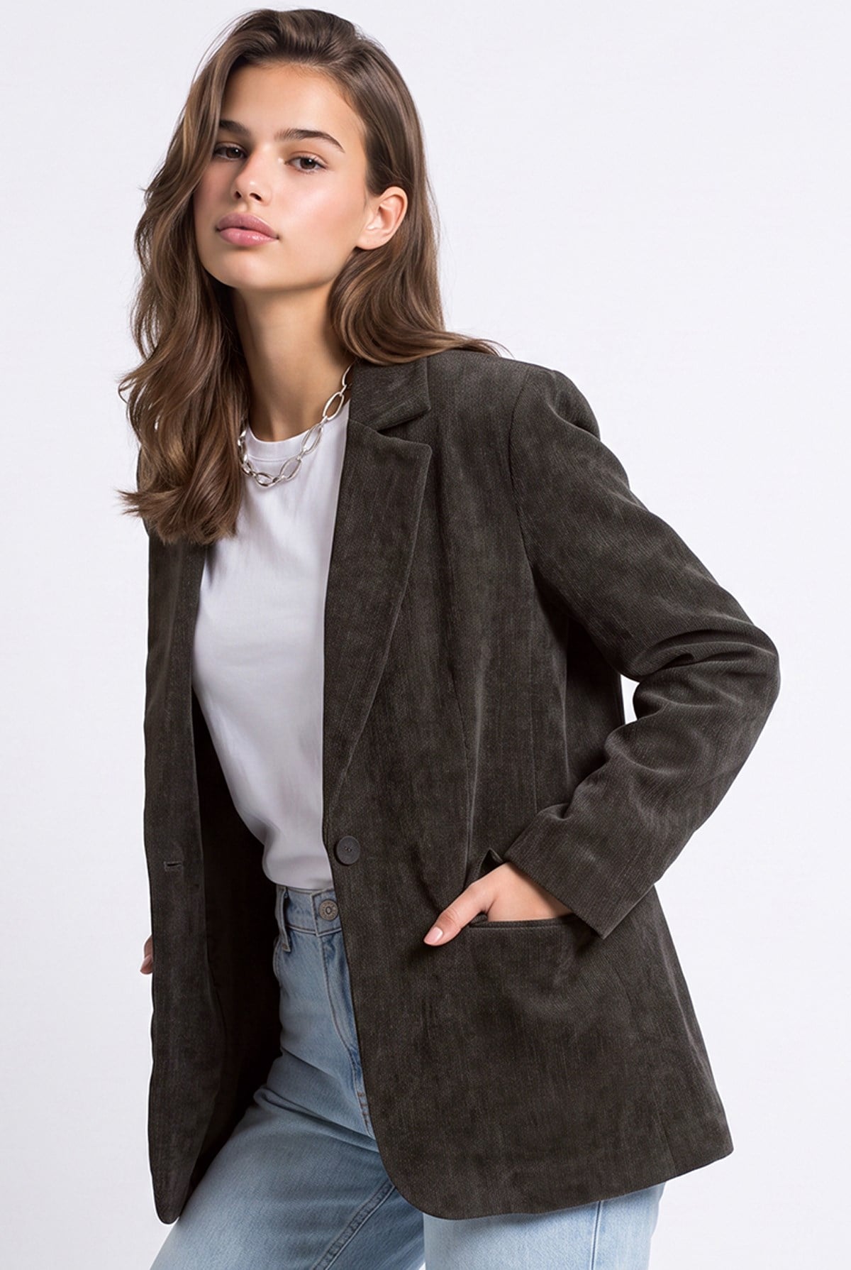 4969 Kadın Kadife Dokulu Tek Düğmeli Blazer Ceket Kahve