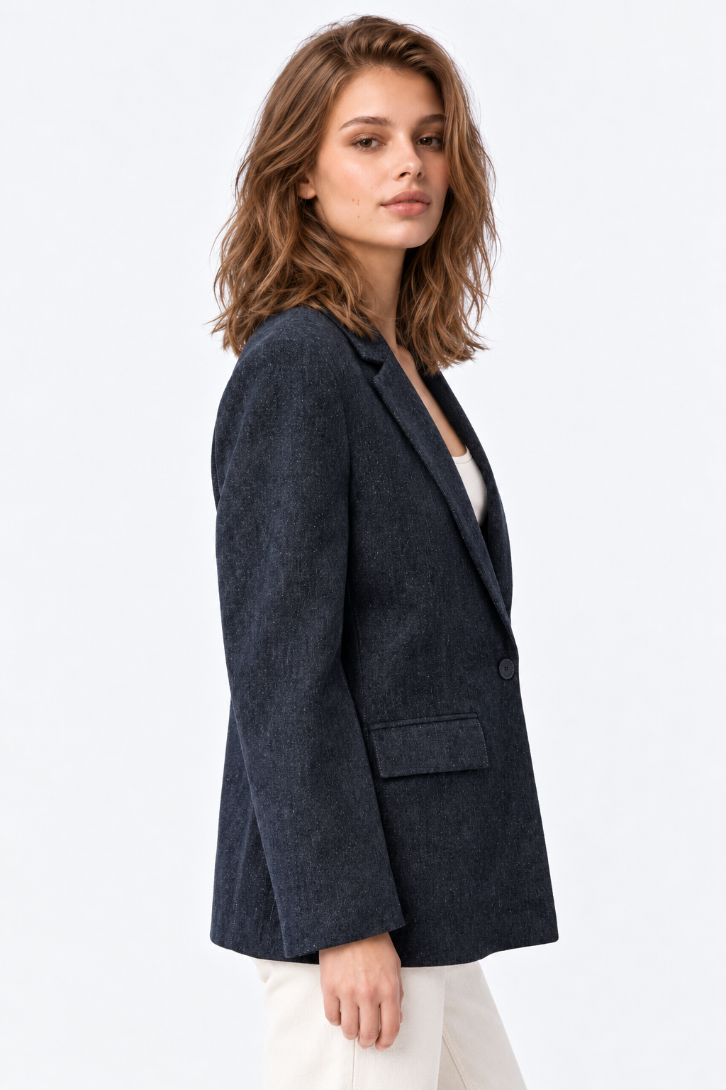 4969 Kadın Kadife Dokulu Tek Düğmeli Blazer Ceket Lacivert