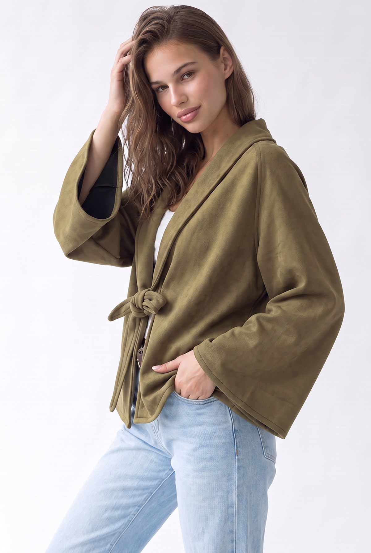4977 Kadın Bağcıklı Süet Kimono Haki