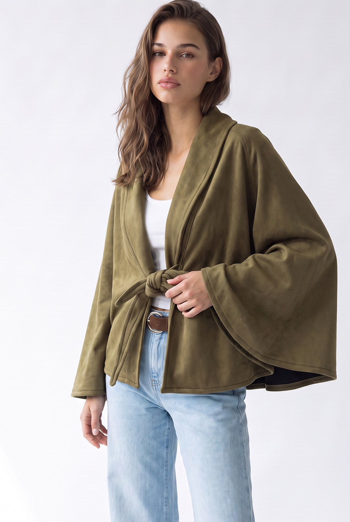4977 Kadın Bağcıklı Süet Kimono Haki