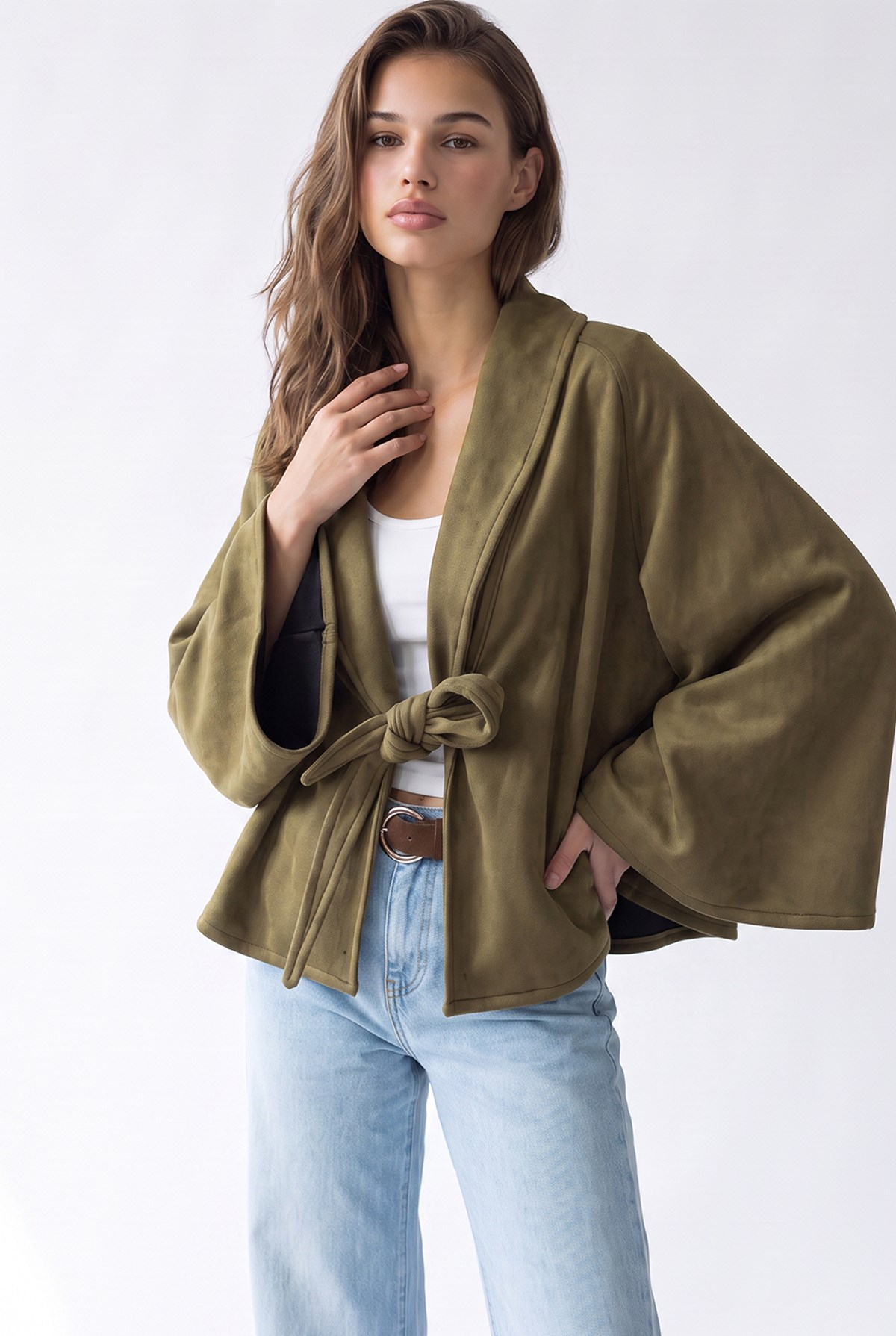 4977 Kadın Bağcıklı Süet Kimono Haki