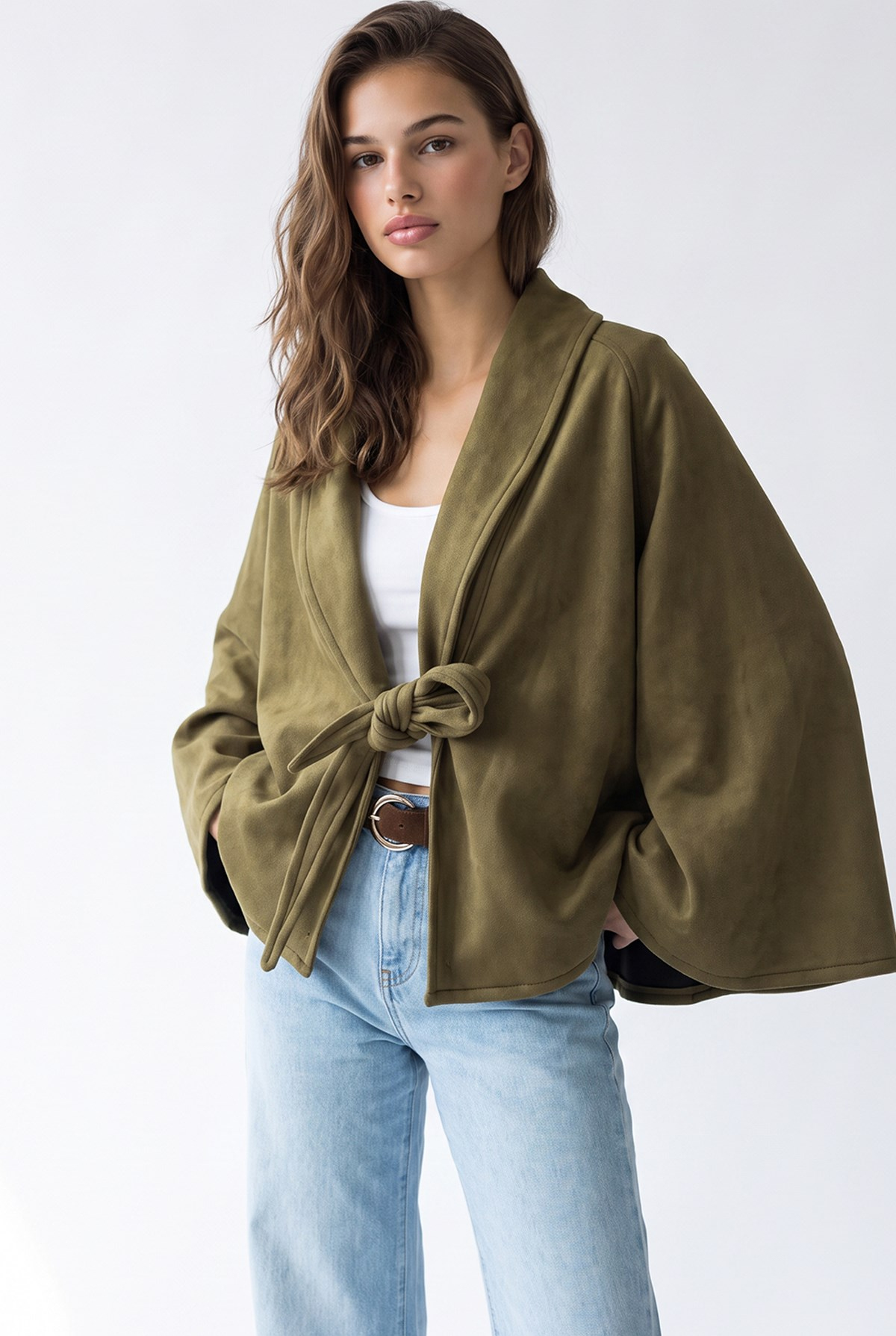 4977 Kadın Bağcıklı Süet Kimono Haki