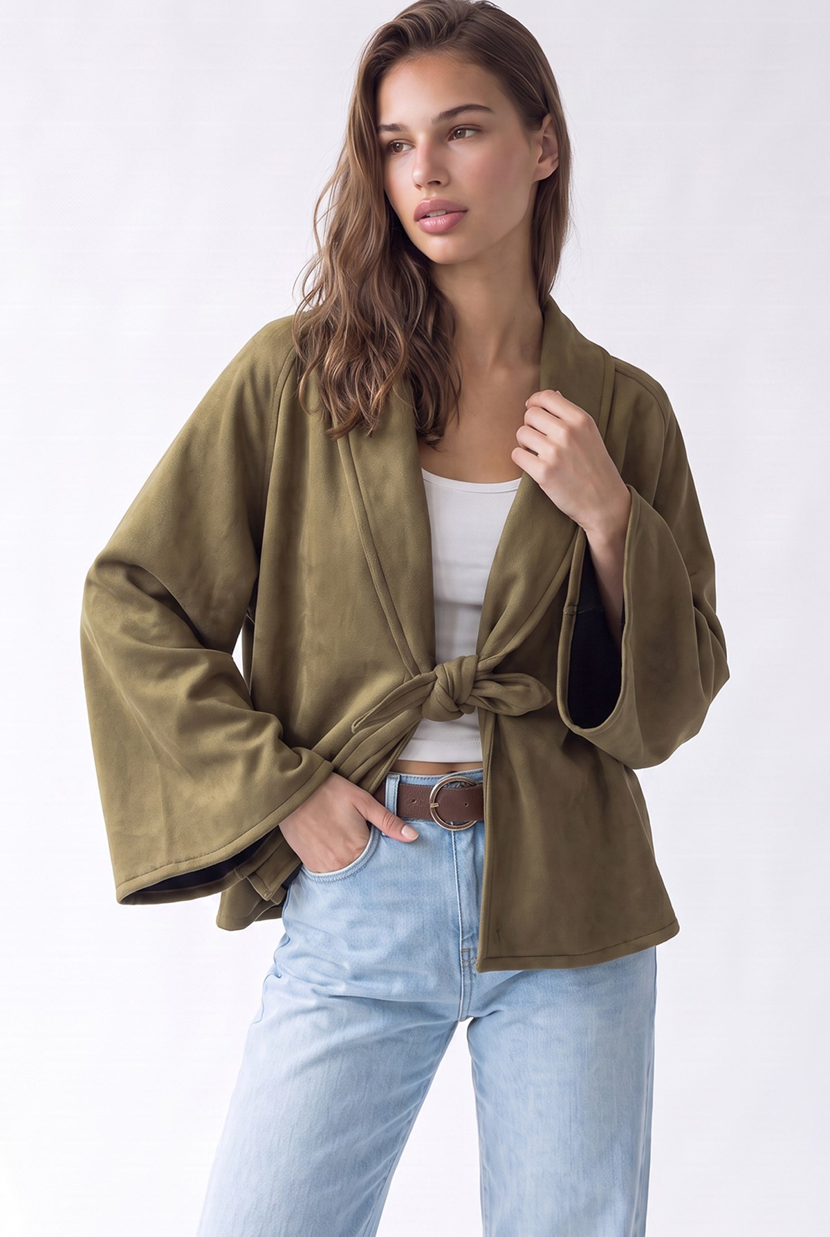 4977 Kadın Bağcıklı Süet Kimono Haki
