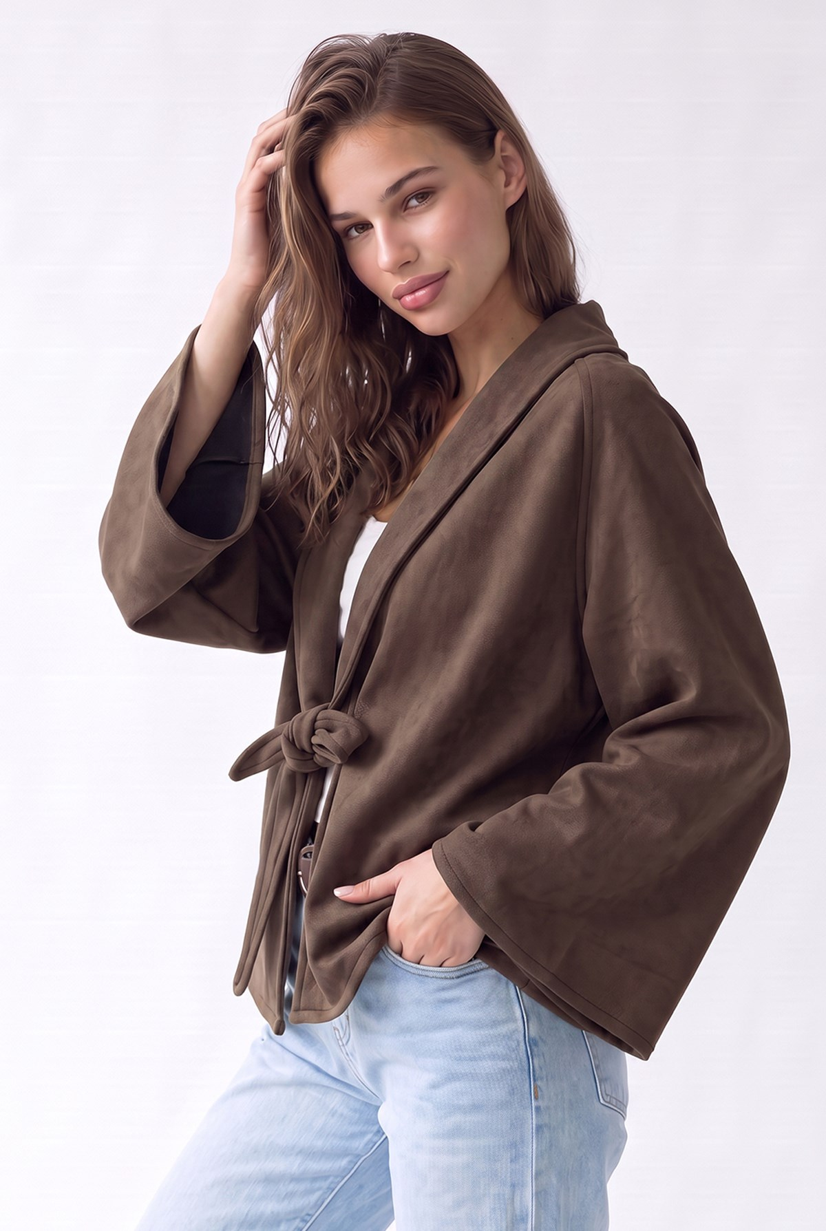 4977 Kadın Bağcıklı Süet Kimono Kahve