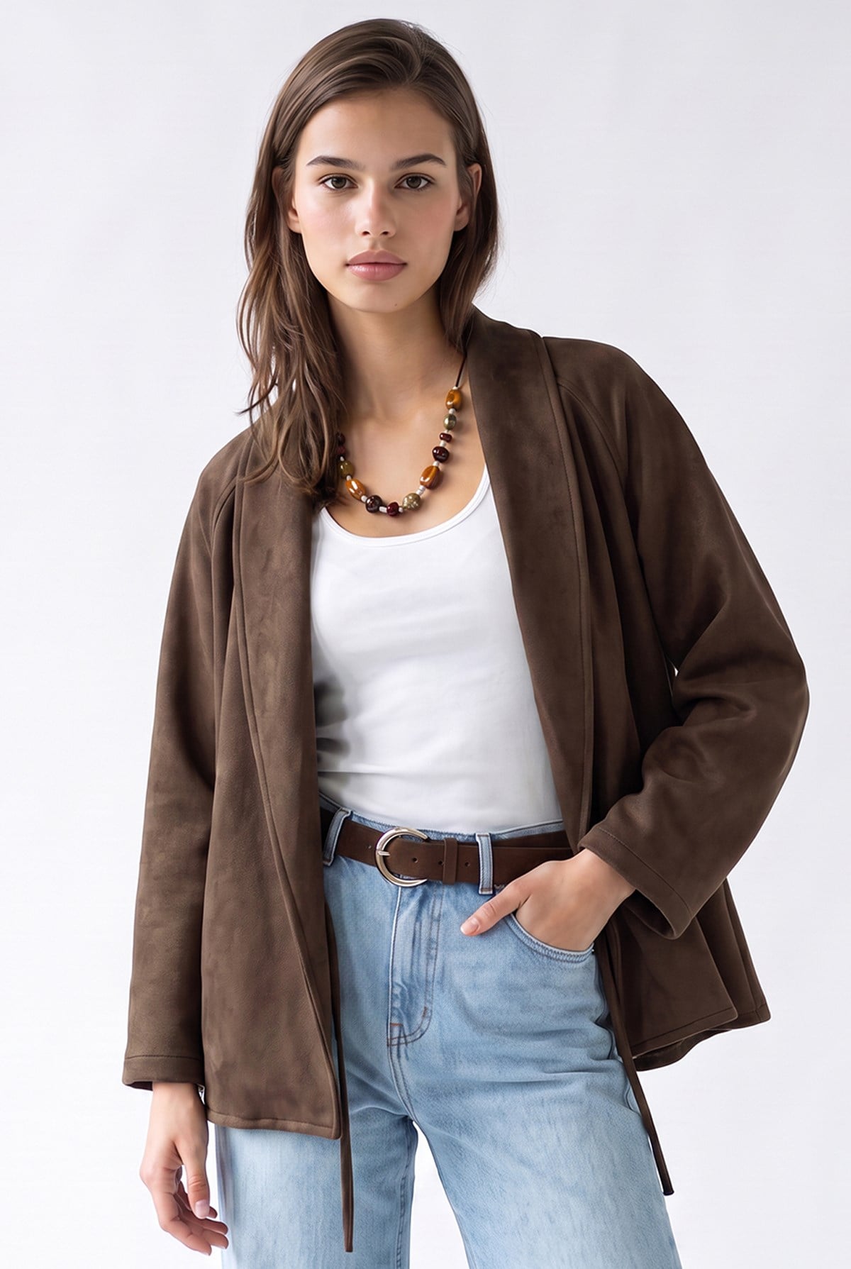 4977 Kadın Bağcıklı Süet Kimono Kahve