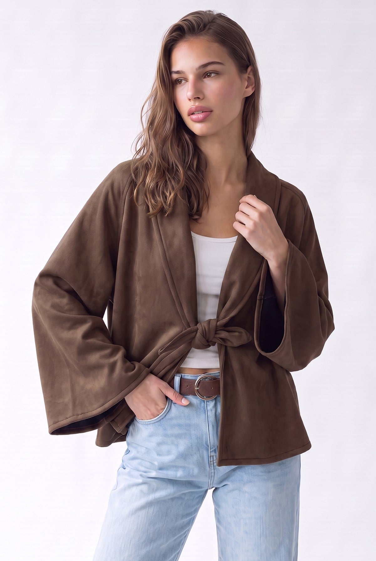 4977 Kadın Bağcıklı Süet Kimono Kahve