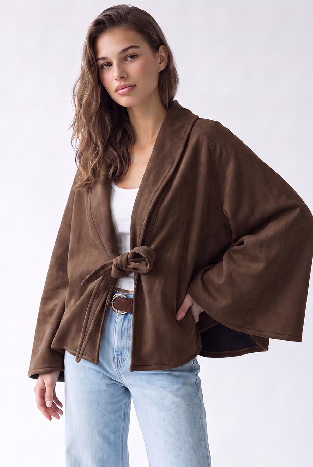 4977 Kadın Bağcıklı Süet Kimono Kahve